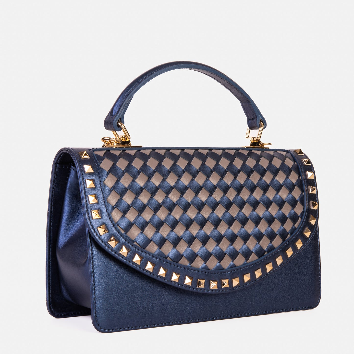 Bolso de mano Dosso de piel tejida a mano en azul marino y beige