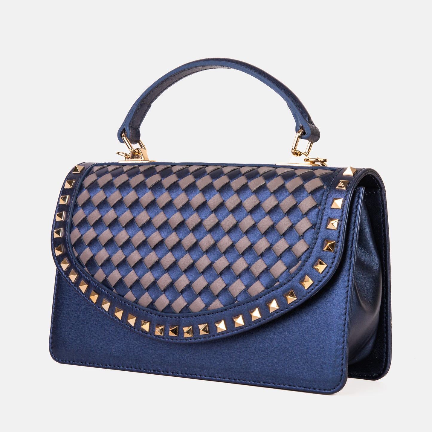 Bolso de mano Dosso de piel tejida a mano en azul marino y beige