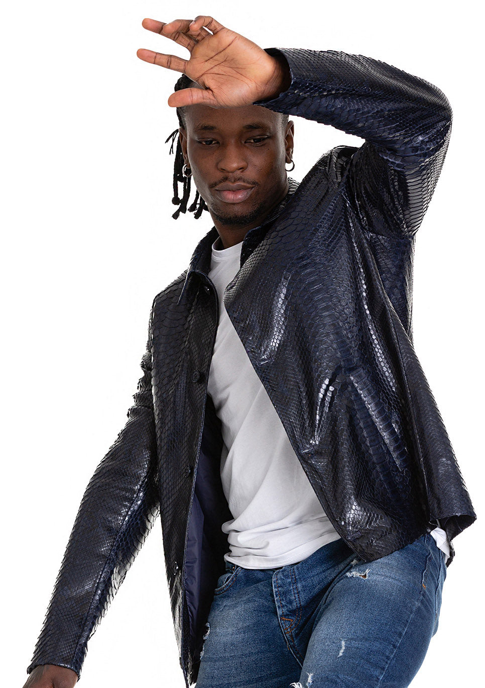 Chaqueta de cuero azul marino para hombre Pitman Pythn