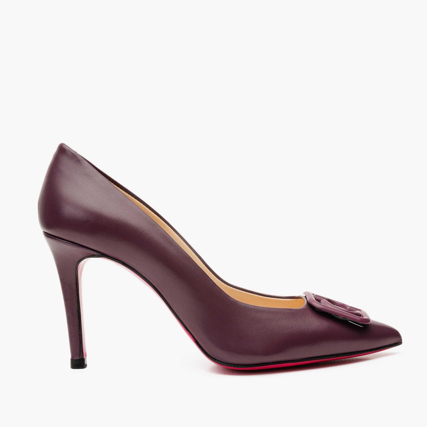 Zapato de salón de piel color morado oscuro con suela fucsia para mujer Maneadero