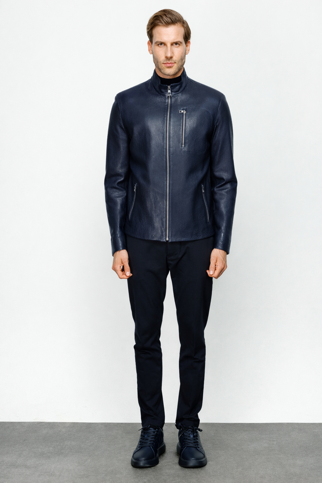 The Blanchard Navy Blue Leather Men Jacket
