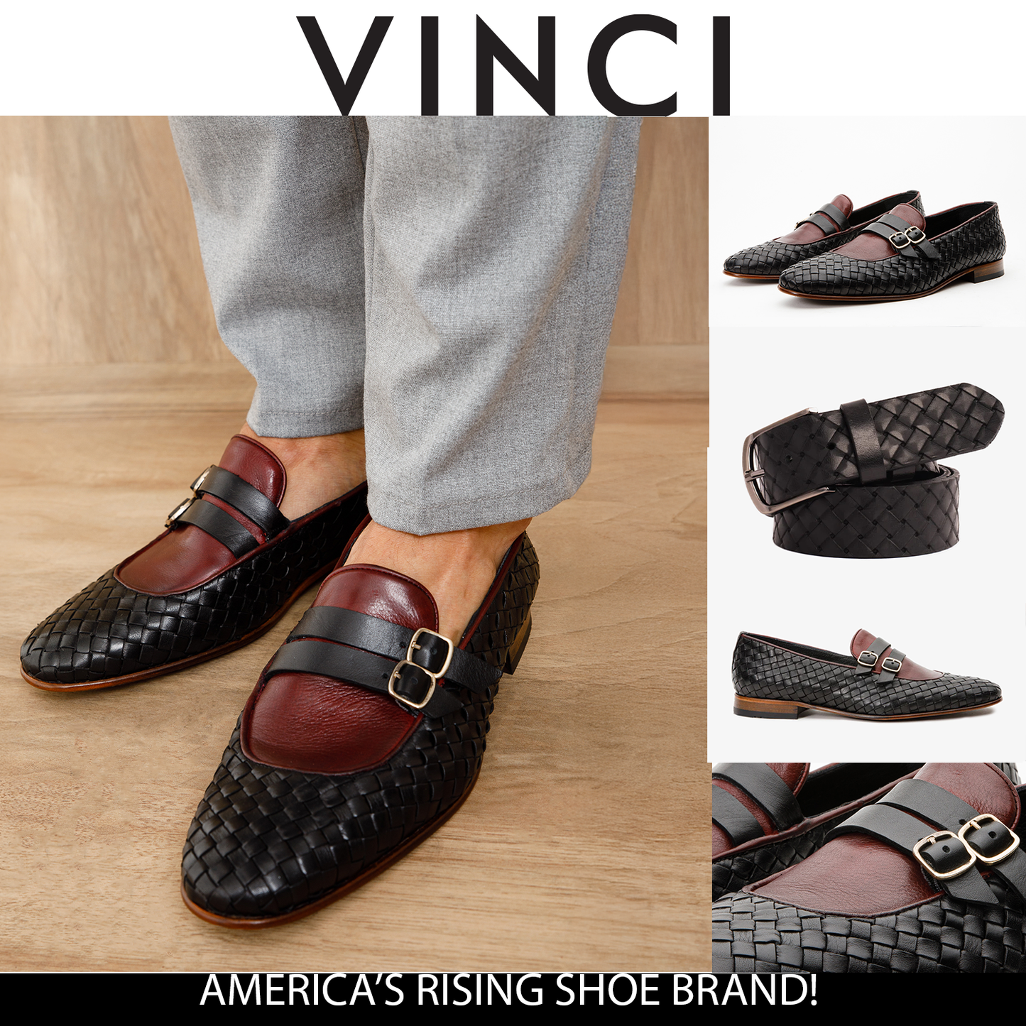 Zapato de hombre con doble hebilla tejida en color negro y burdeos de Vatra