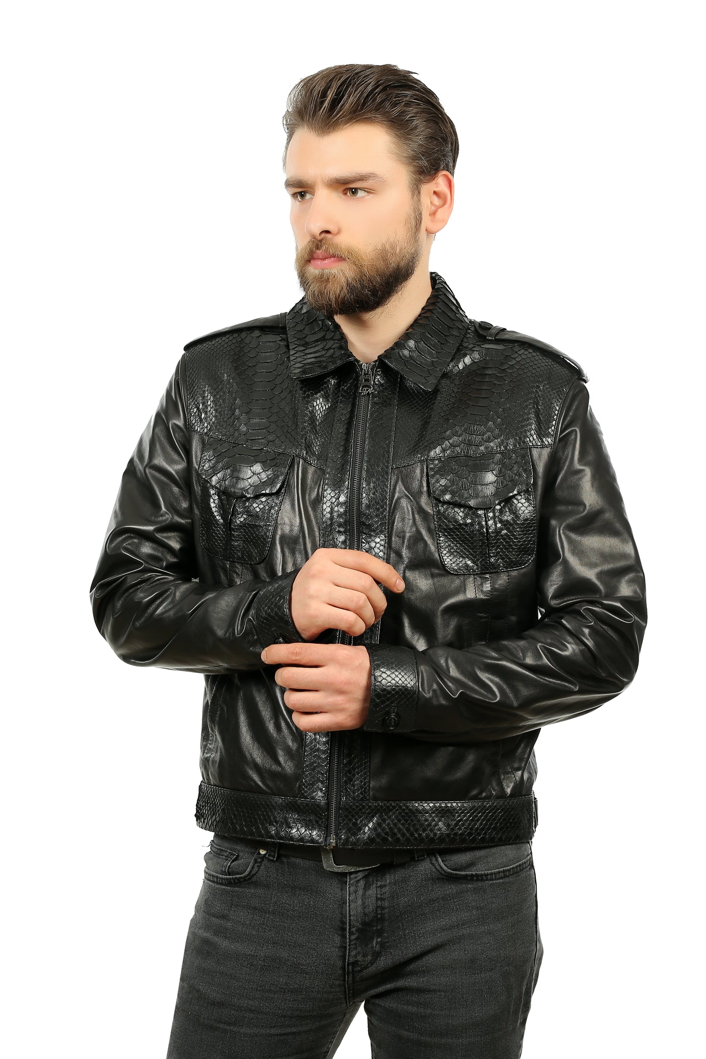 La chaqueta de cuero negro de pitón de Laquin para hombre