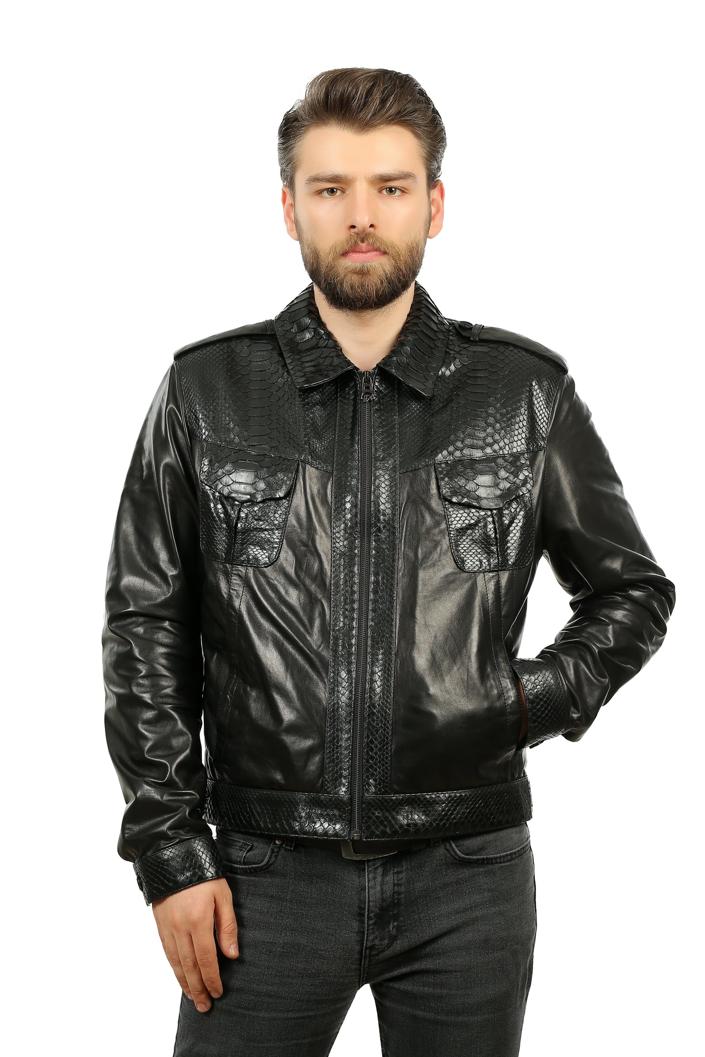 La chaqueta de cuero negro de pitón de Laquin para hombre