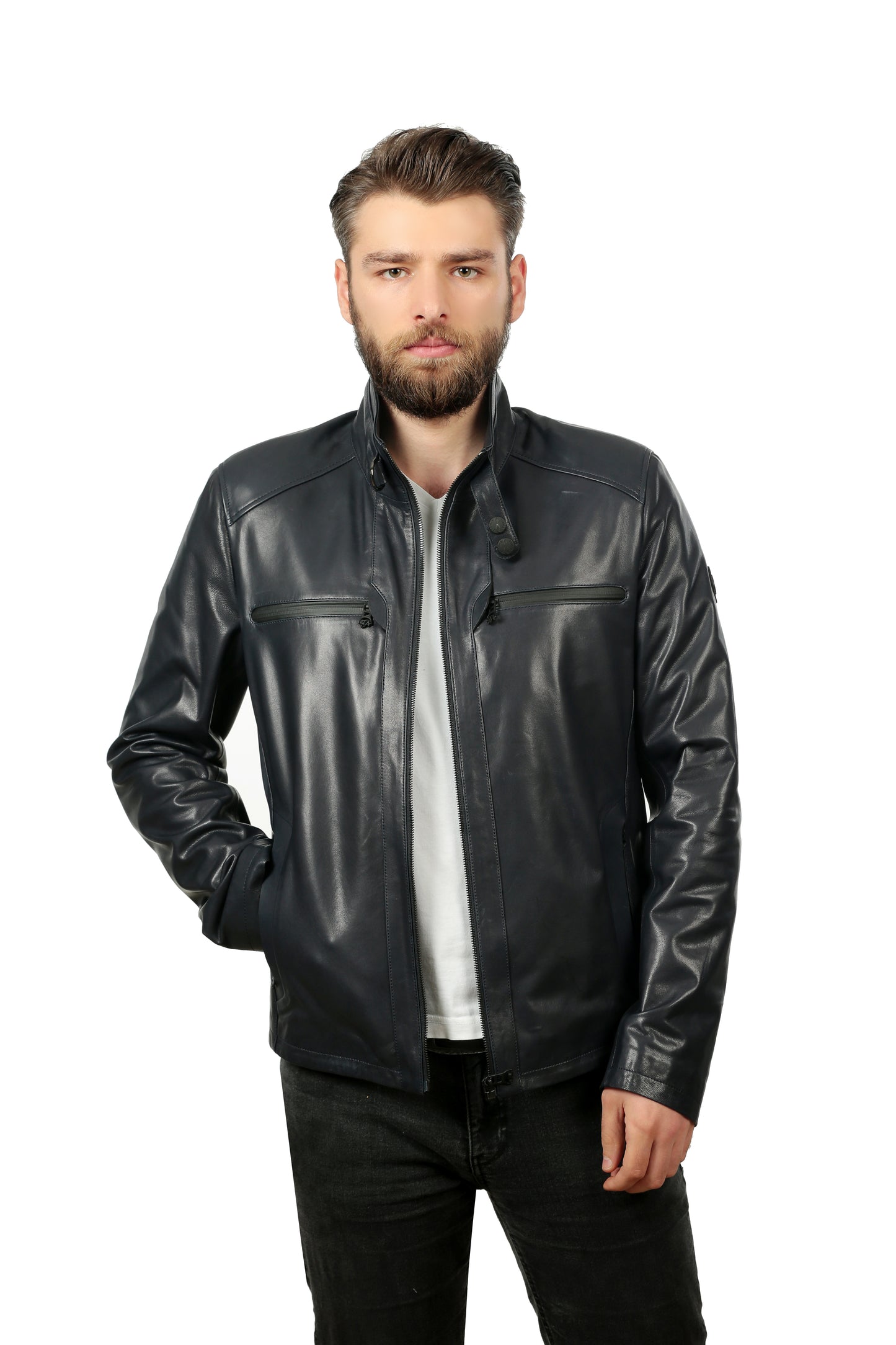 La chaqueta de cuero azul marino para hombre de Leroy