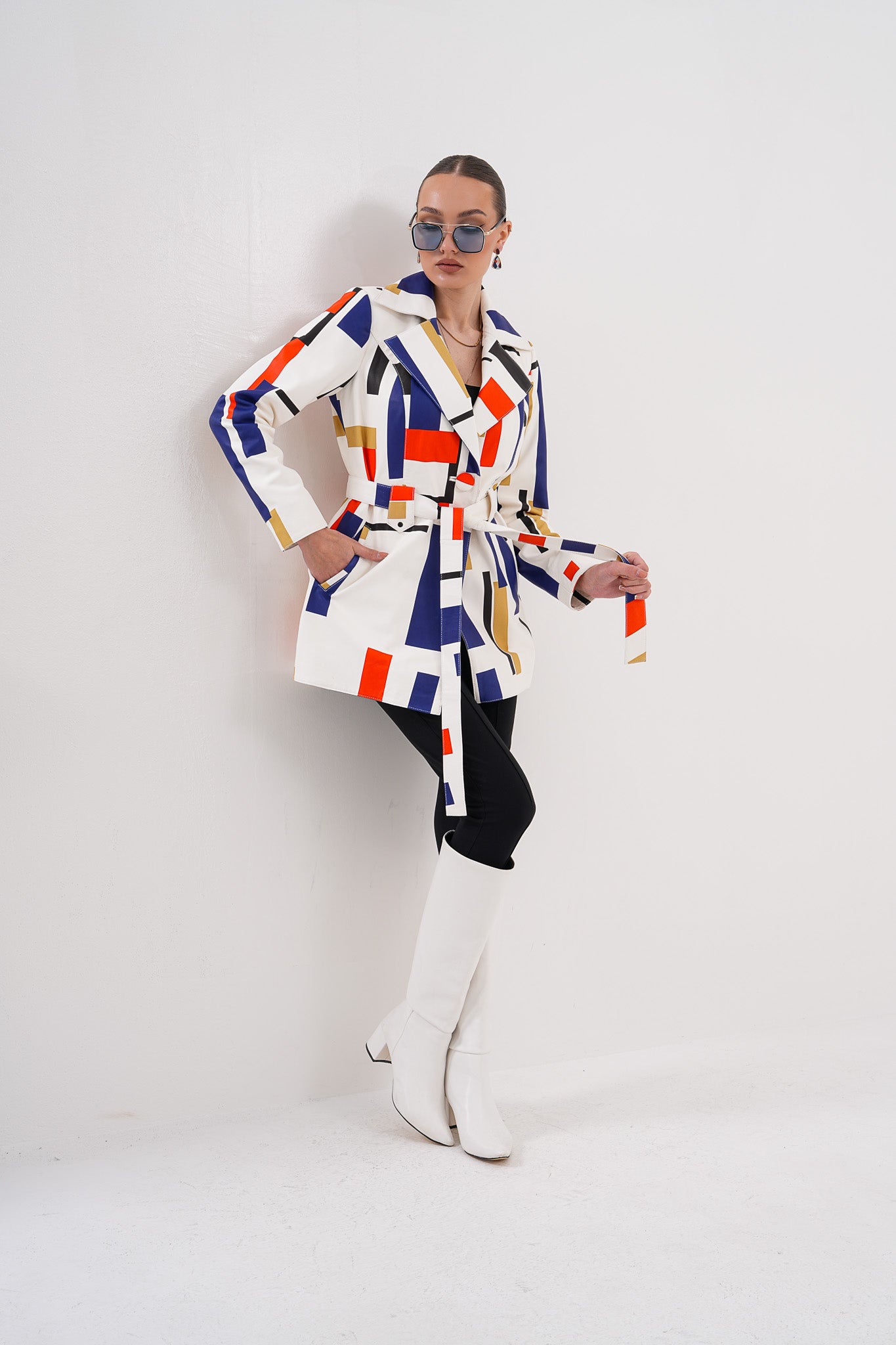 Sienna Abstract Art Leather Women Jacket – Red Navy Edition