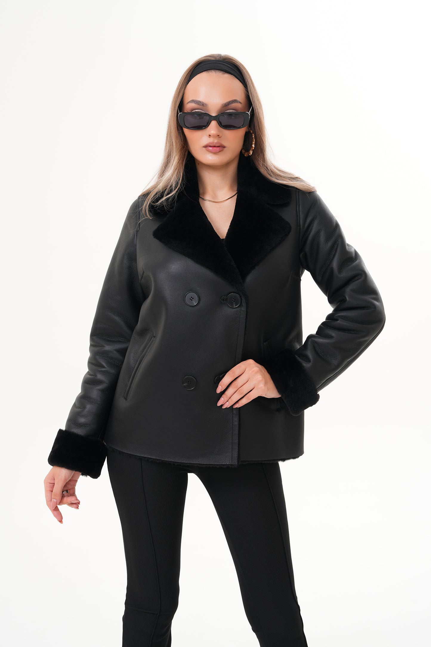 The Zurich Double-Breasted Black Shearling Leather Women Jacket
