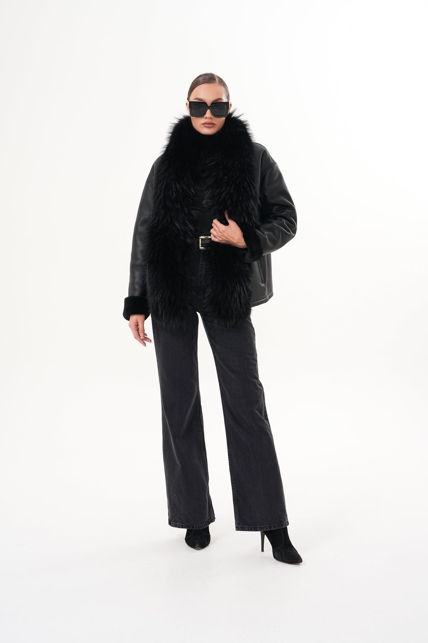 The Elise Black Shearling Leather Jacket