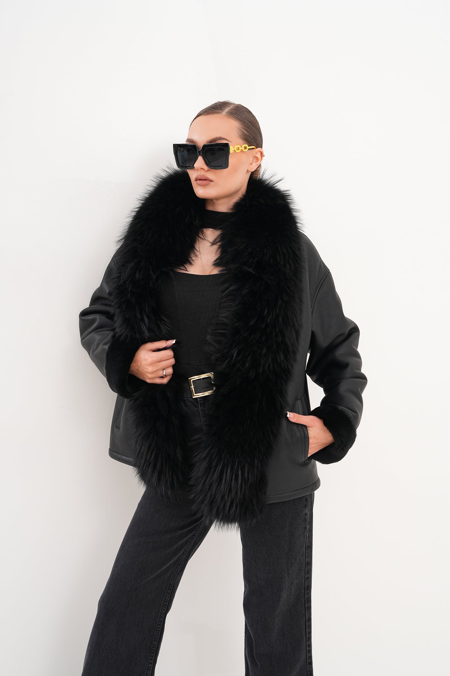 The Elise Black Shearling Leather Jacket