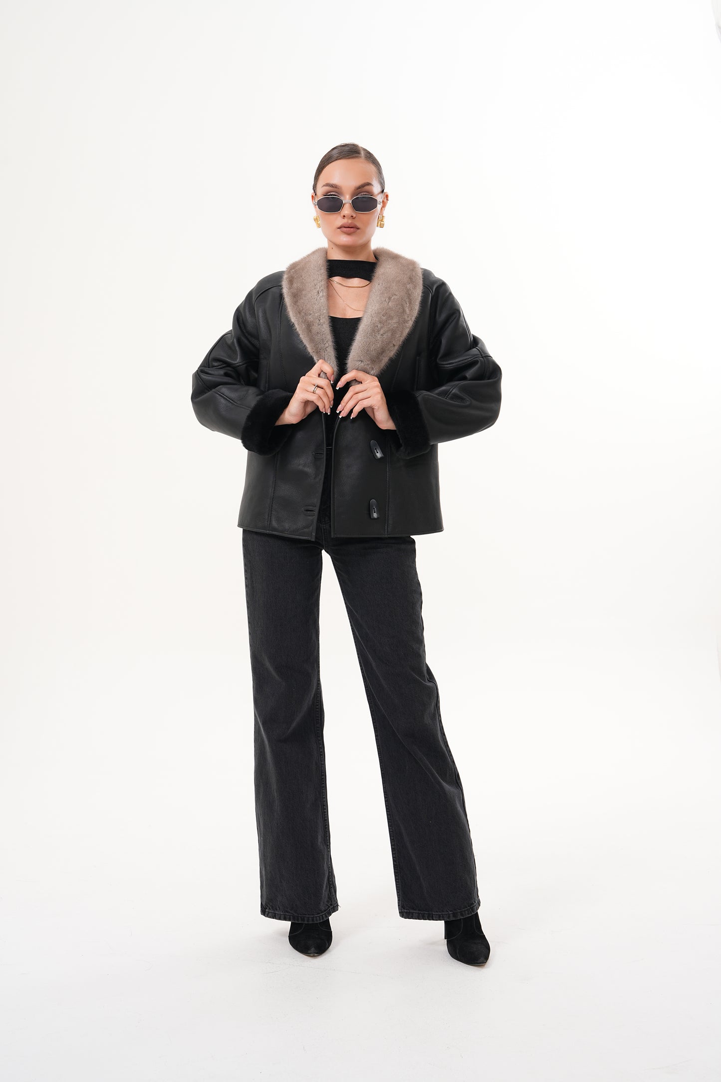 The Estelle Black & Beige Shearling Leather Women Jacket