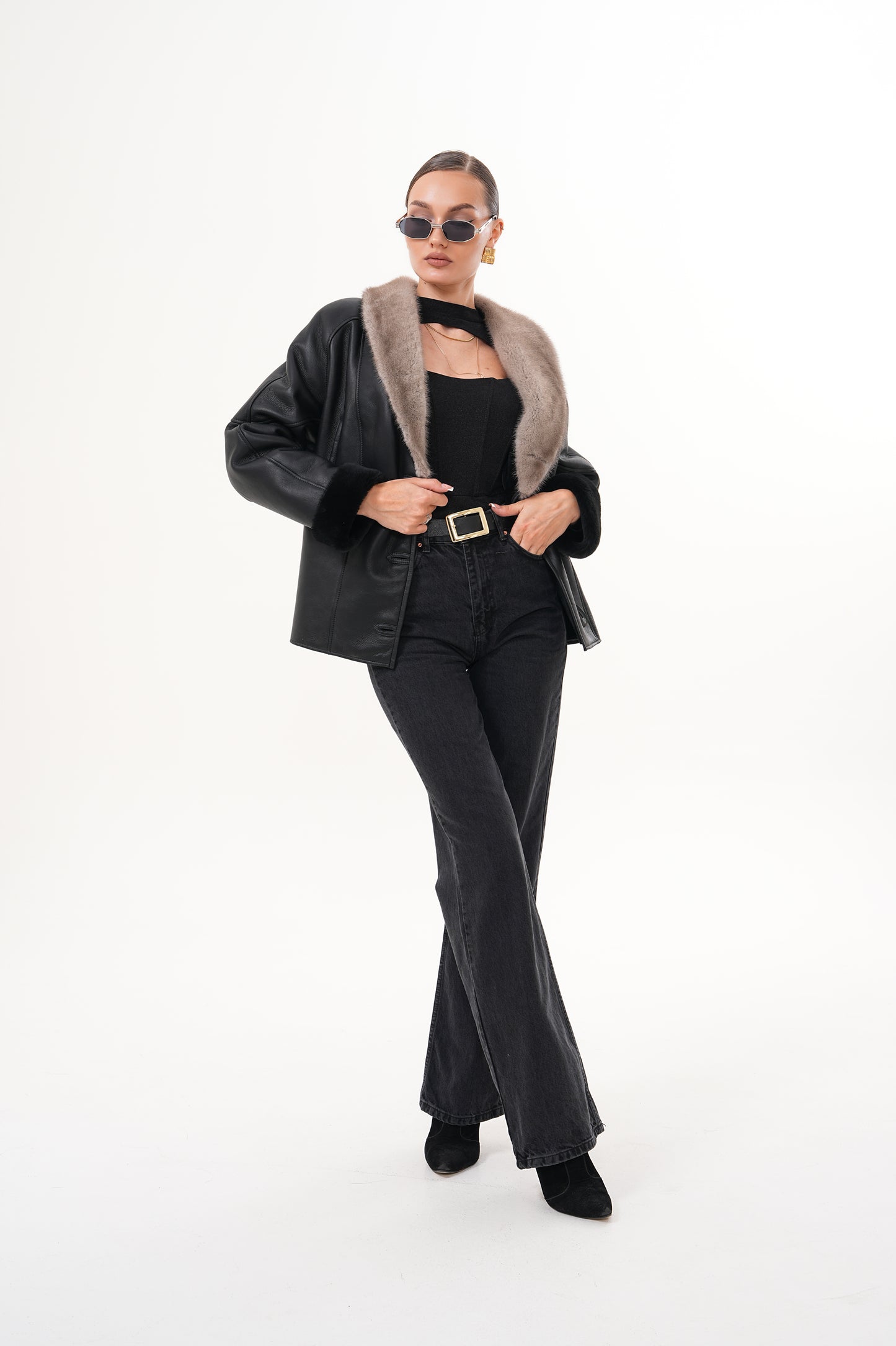 The Estelle Black & Beige Shearling Leather Women Jacket