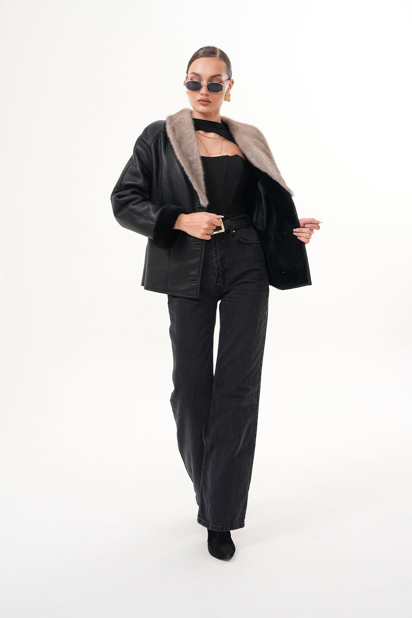 The Estelle Black & Beige Shearling Leather Women Jacket