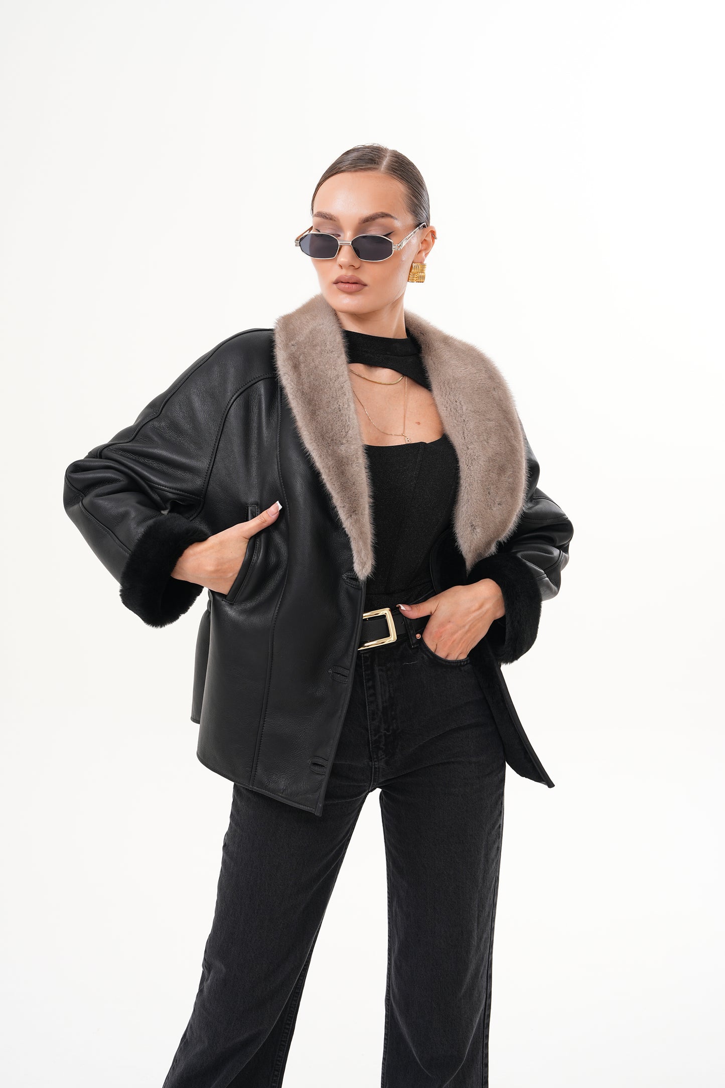The Estelle Black & Beige Shearling Leather Women Jacket
