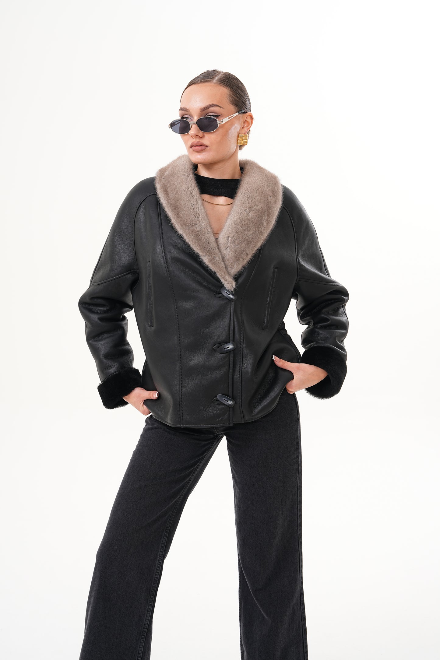 The Estelle Black & Beige Shearling Leather Women Jacket