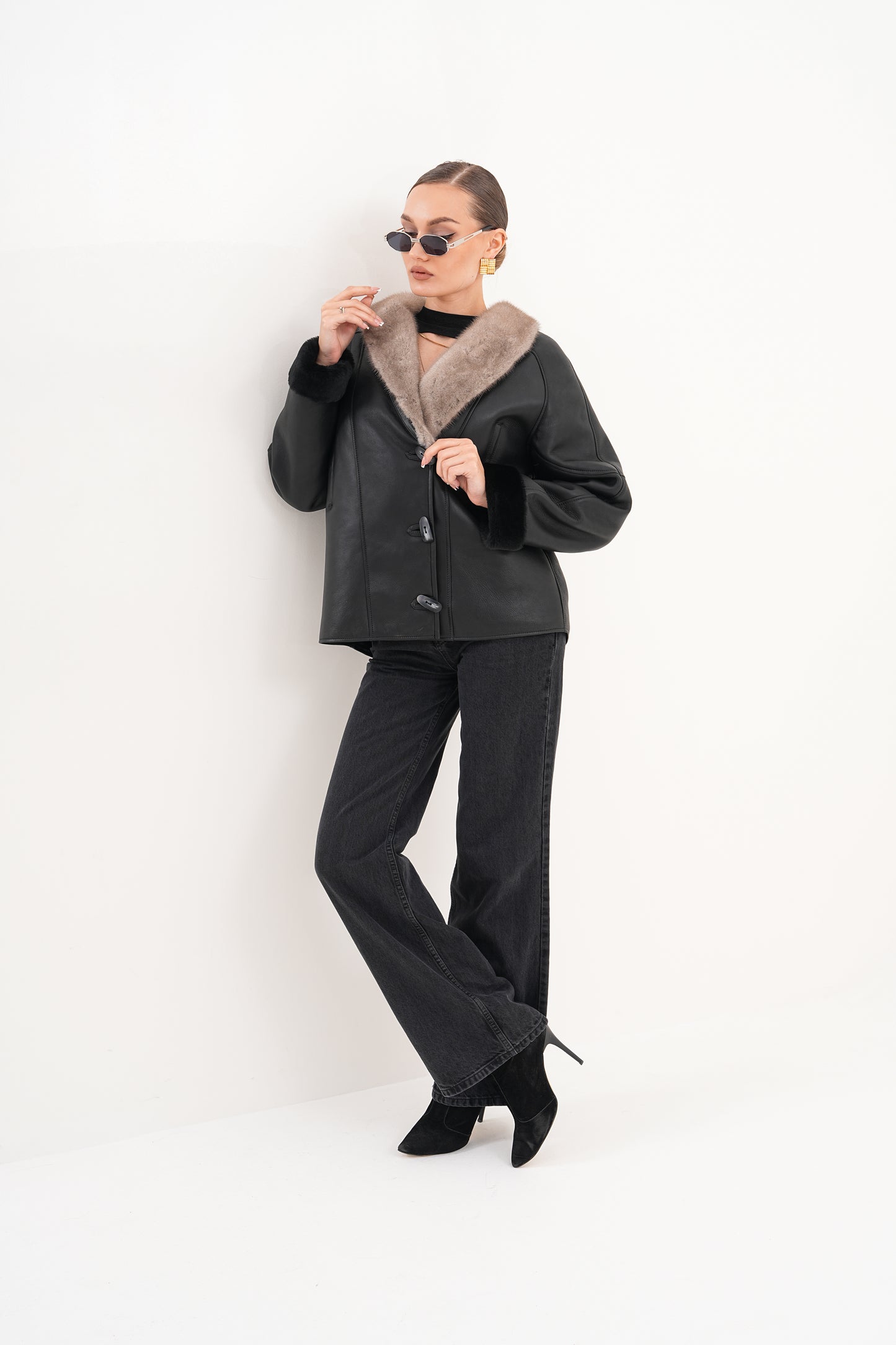 The Estelle Black & Beige Shearling Leather Women Jacket