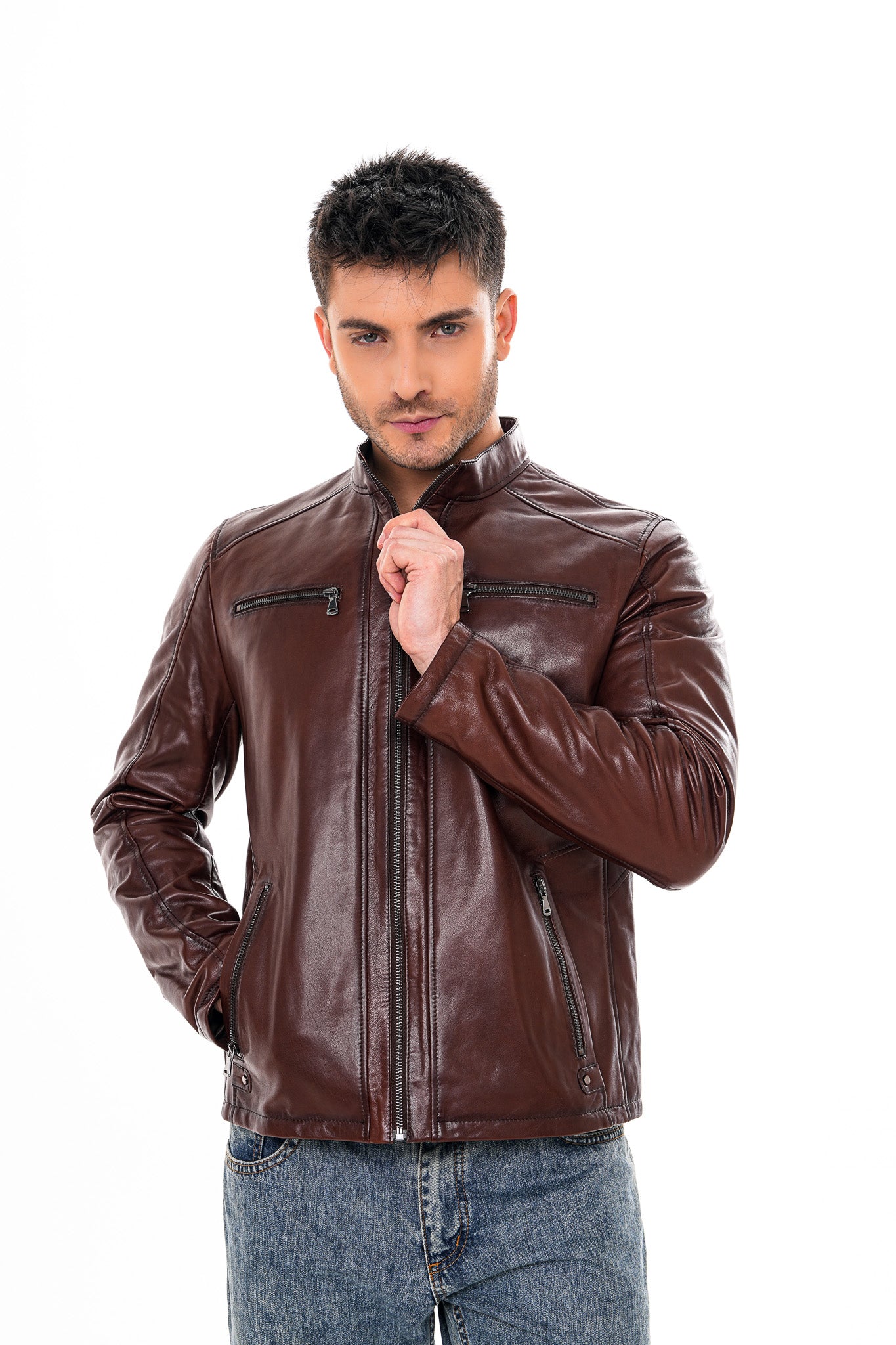 The Falcon Cognac Brown Smooth Leather Men Jacket