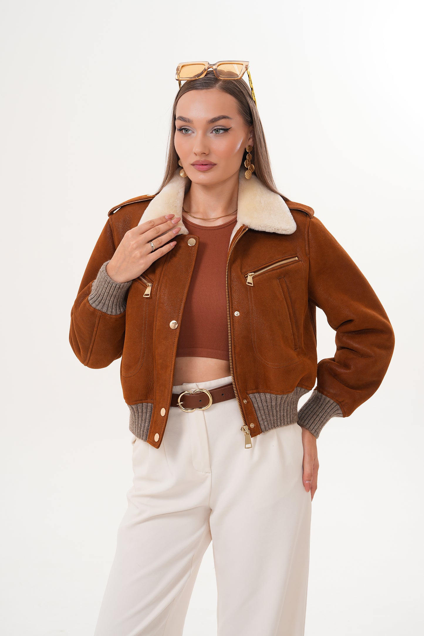 The Amber Shearling Collar Suede Women Leather Jacket