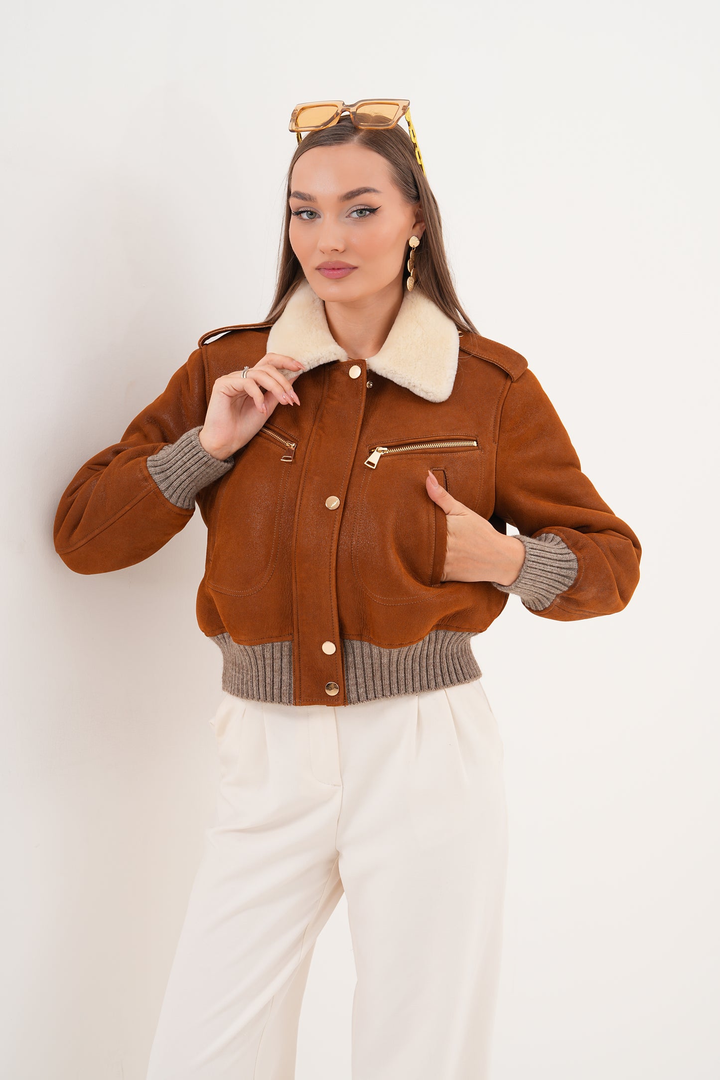 The Amber Shearling Collar Suede Women Leather Jacket