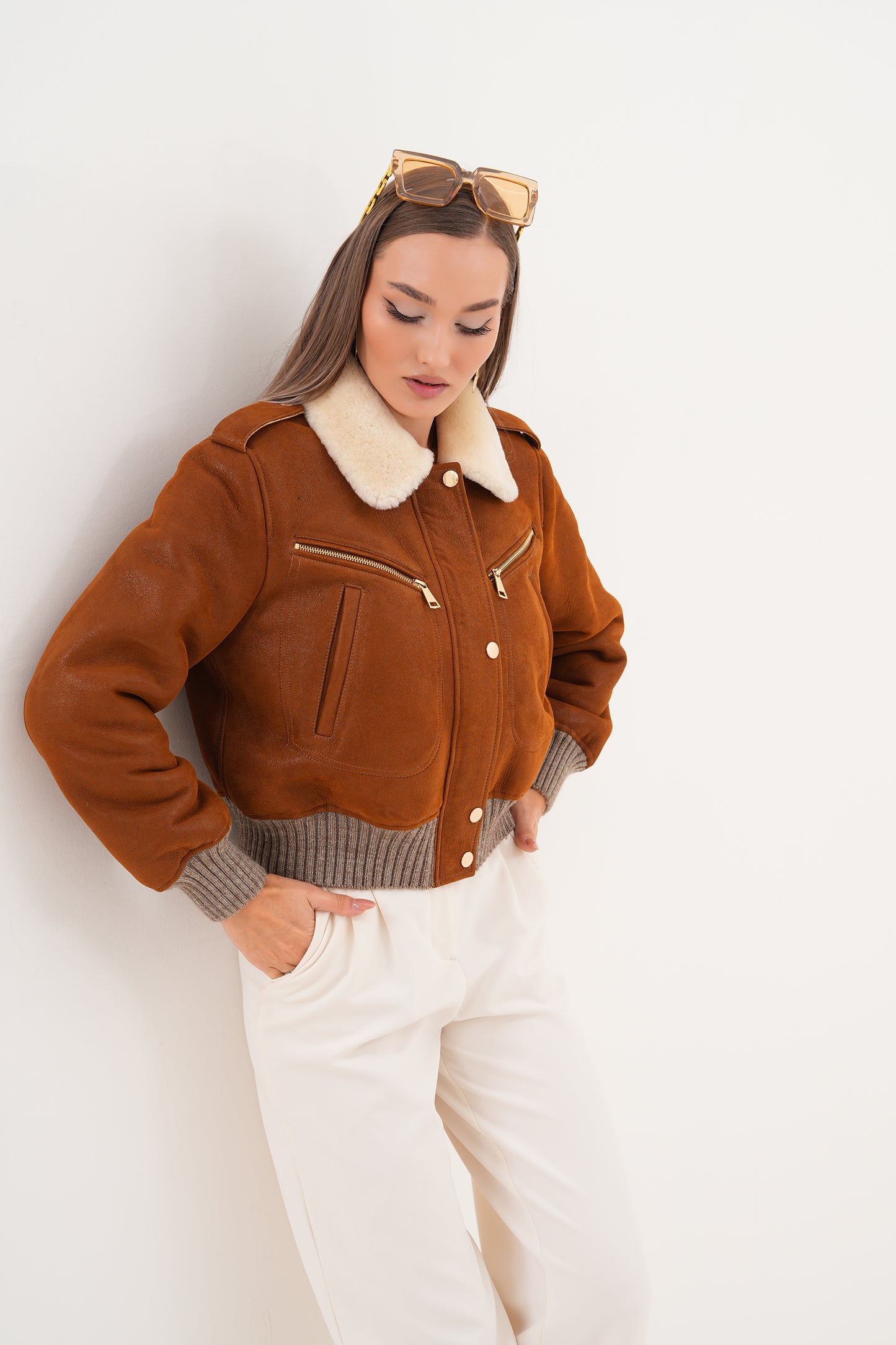 The Amber Shearling Collar Suede Women Leather Jacket