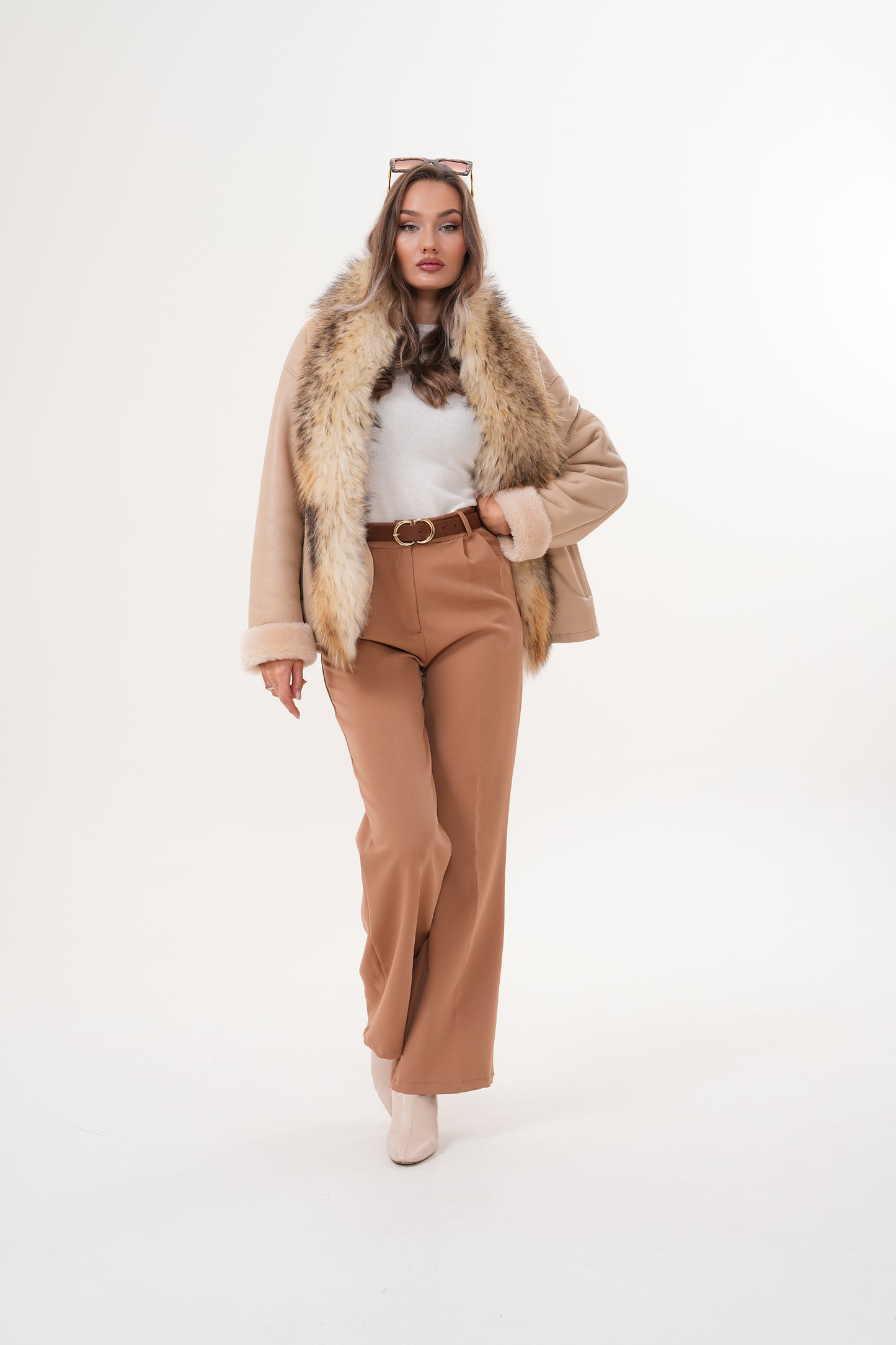 The Elise Beige Shearling Leather Women Jacket