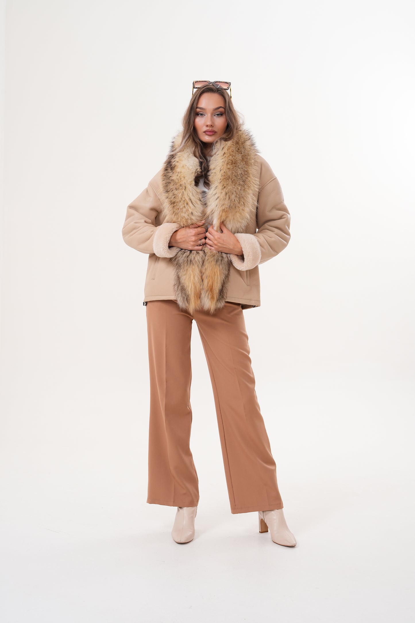The Elise Beige Shearling Leather Women Jacket