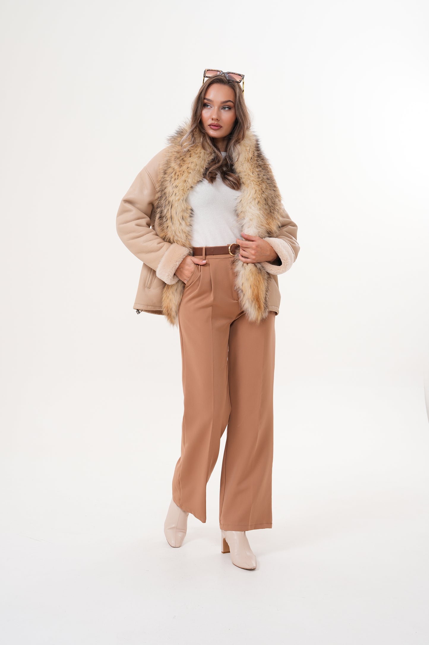 The Elise Beige Shearling Leather Women Jacket