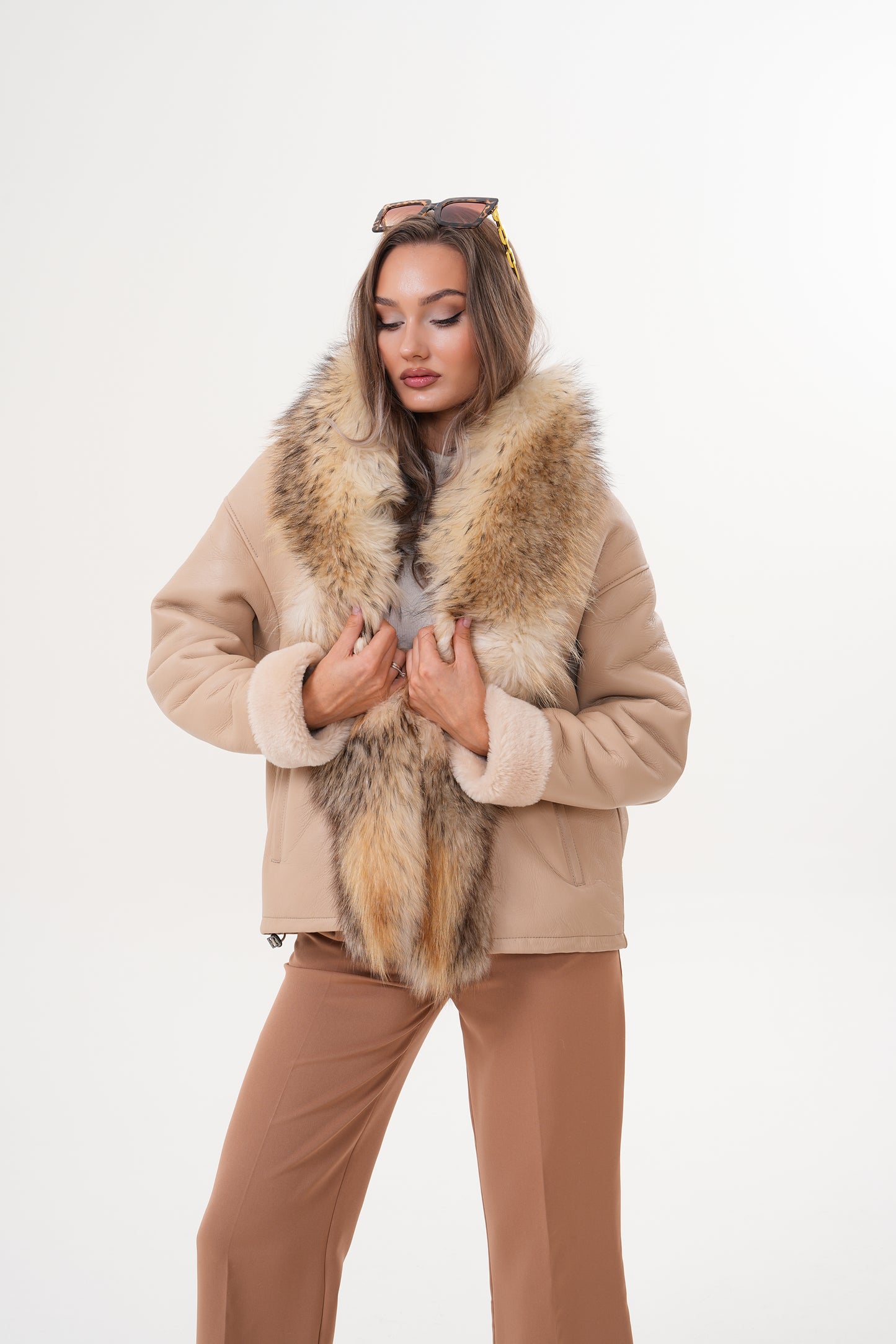 The Elise Beige Shearling Leather Women Jacket