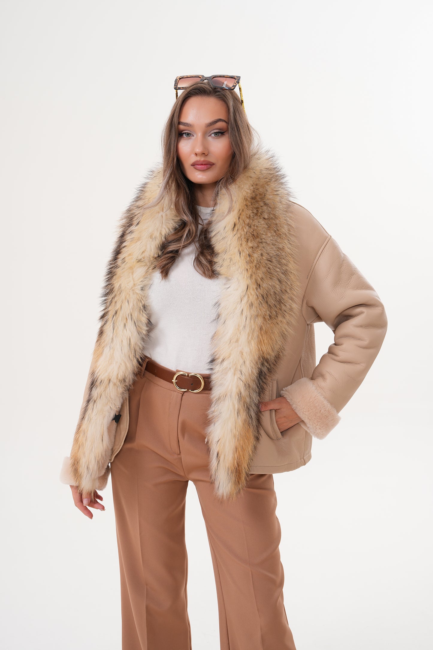 The Elise Beige Shearling Leather Women Jacket