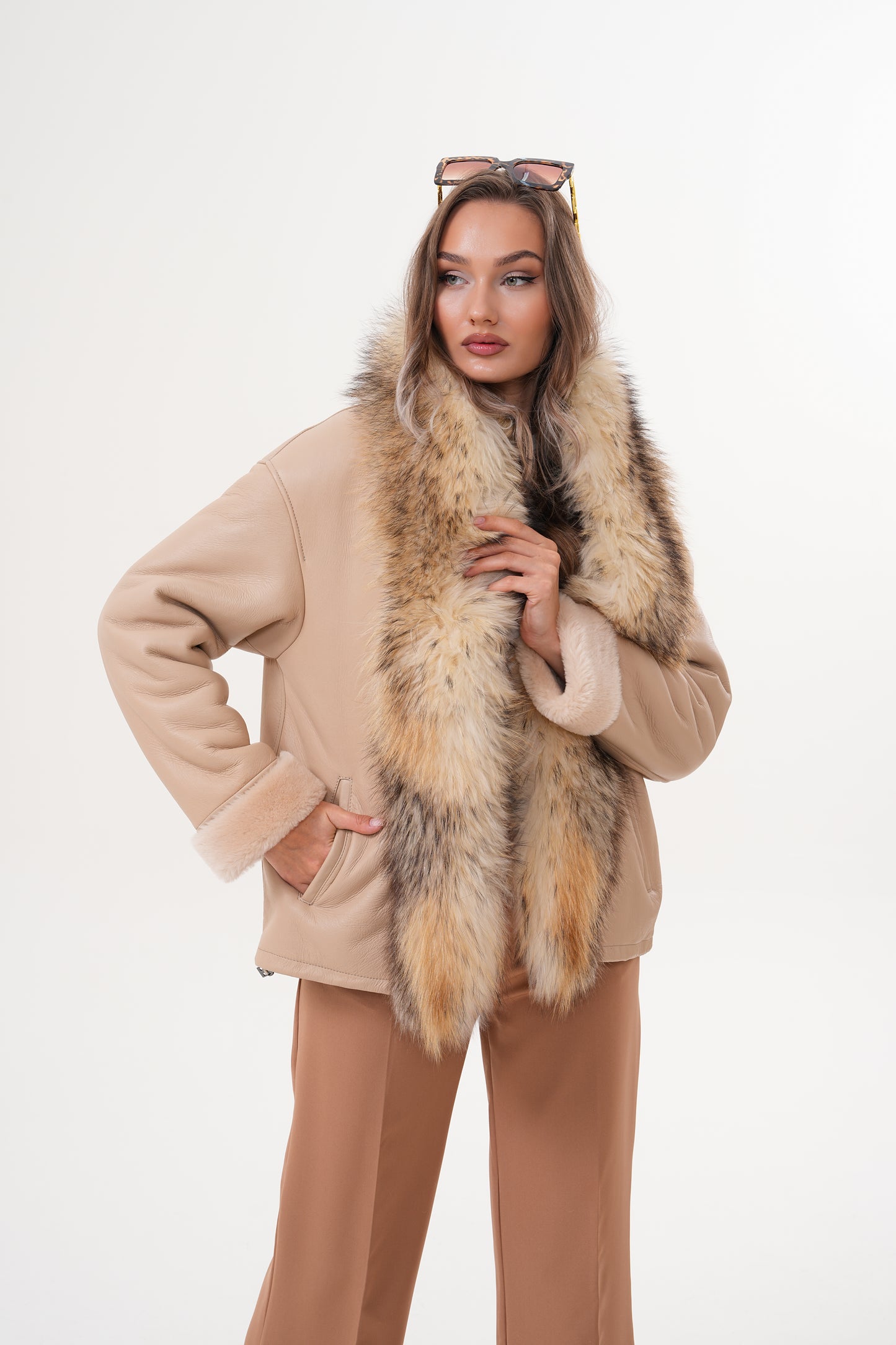 The Elise Beige Shearling Leather Women Jacket
