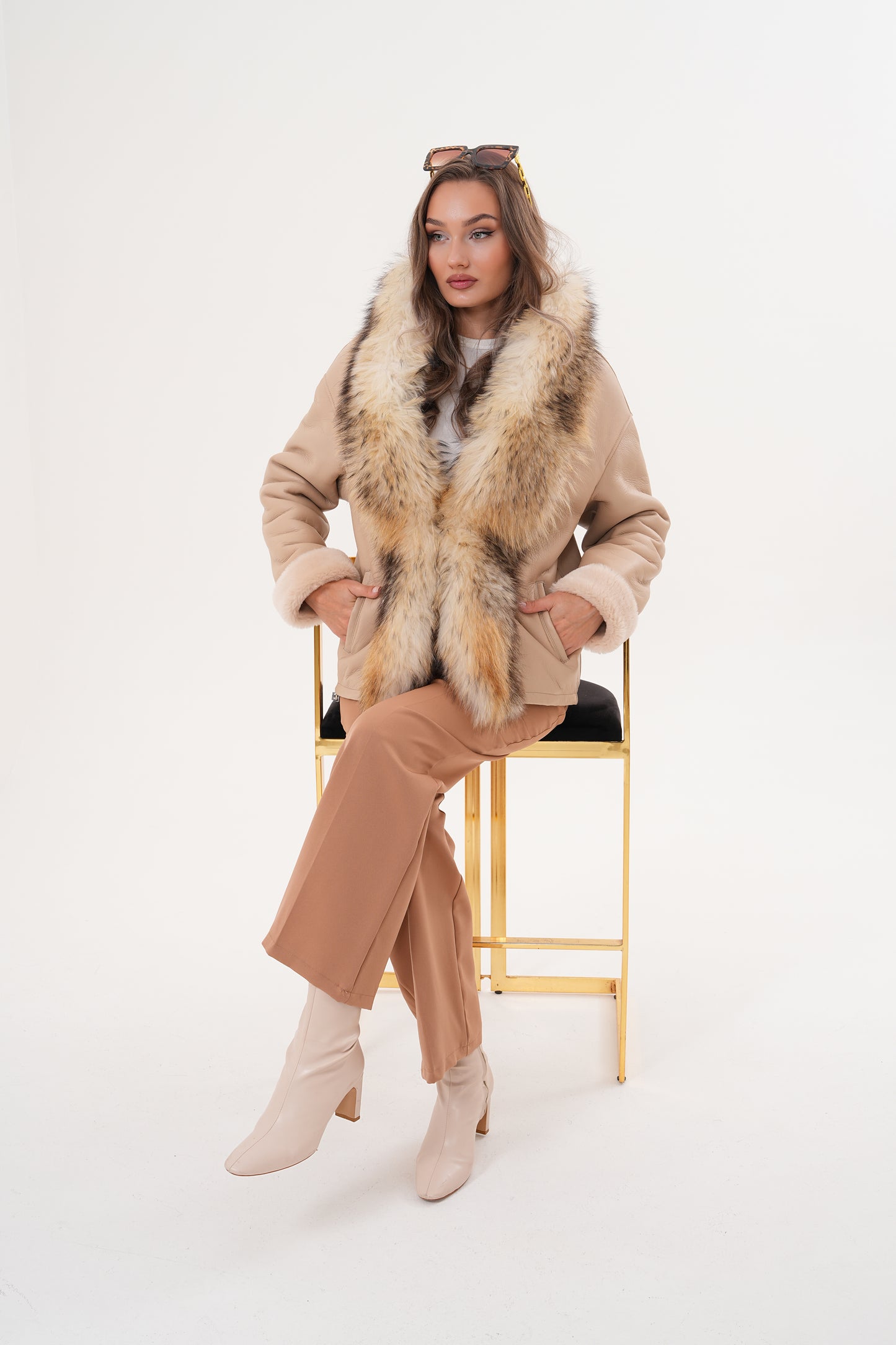 The Elise Beige Shearling Leather Women Jacket