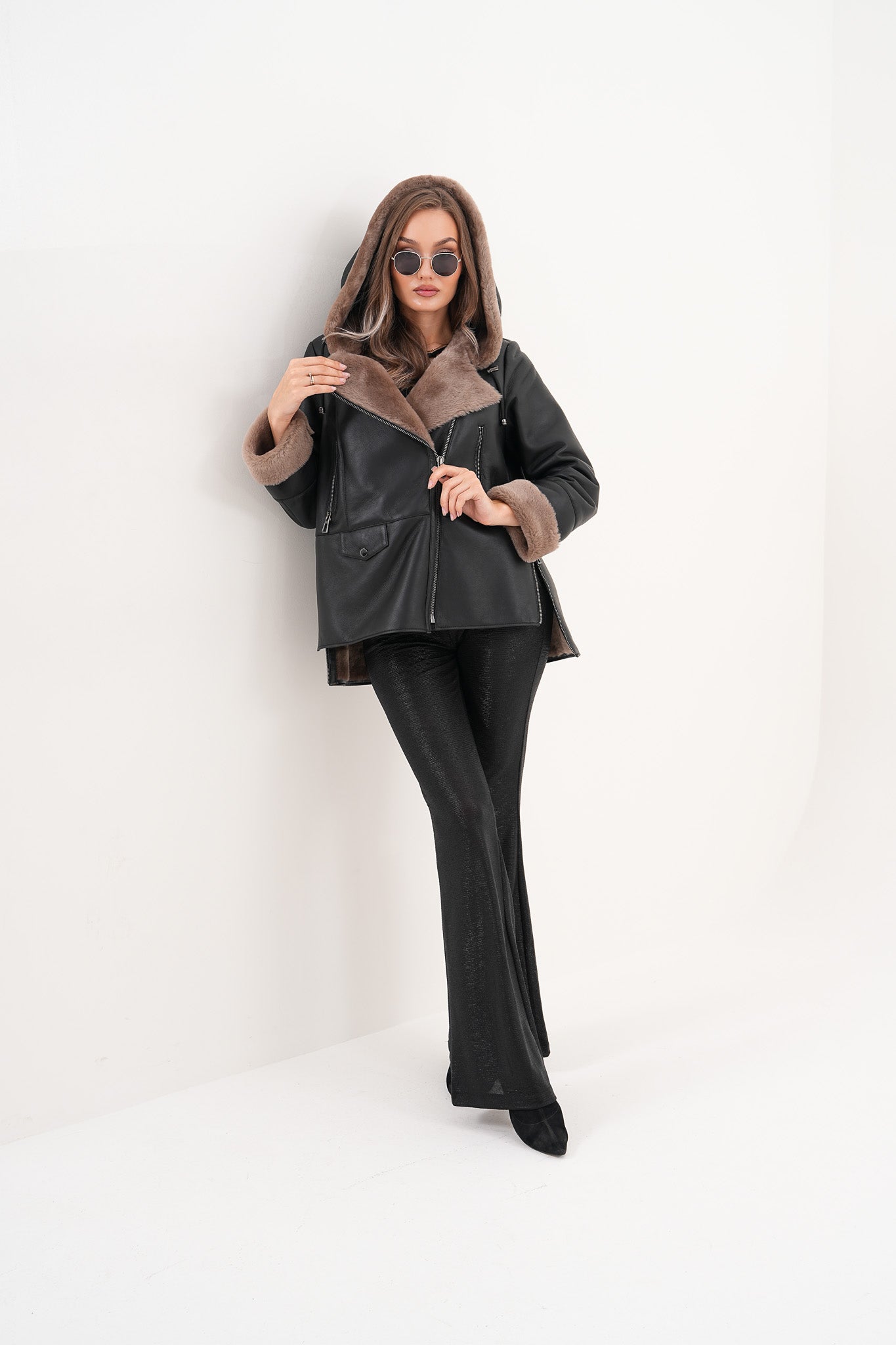 The Duchess Shearling Brown Leather Women Hooded Jacket