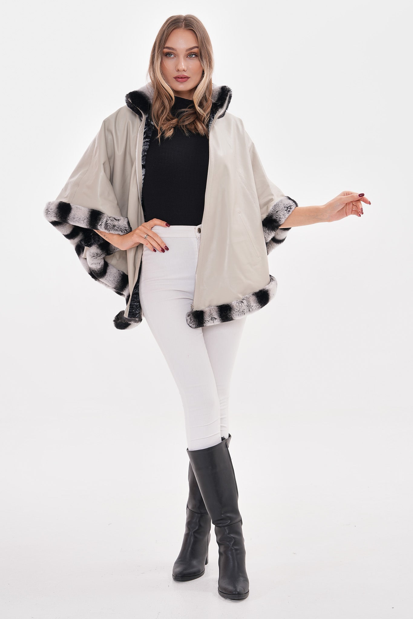 The Glacier Light Beige Reversible Leather Women Cape