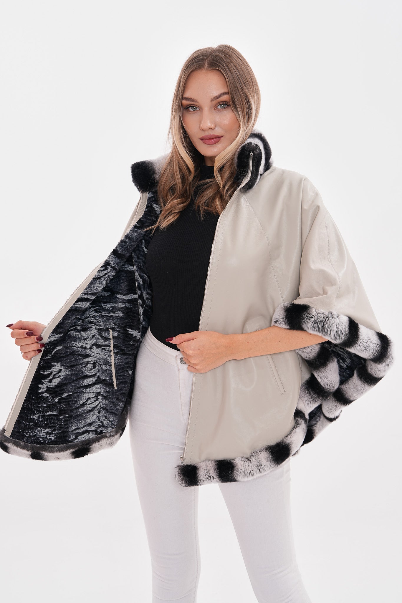 The Glacier Light Beige Reversible Leather Women Cape