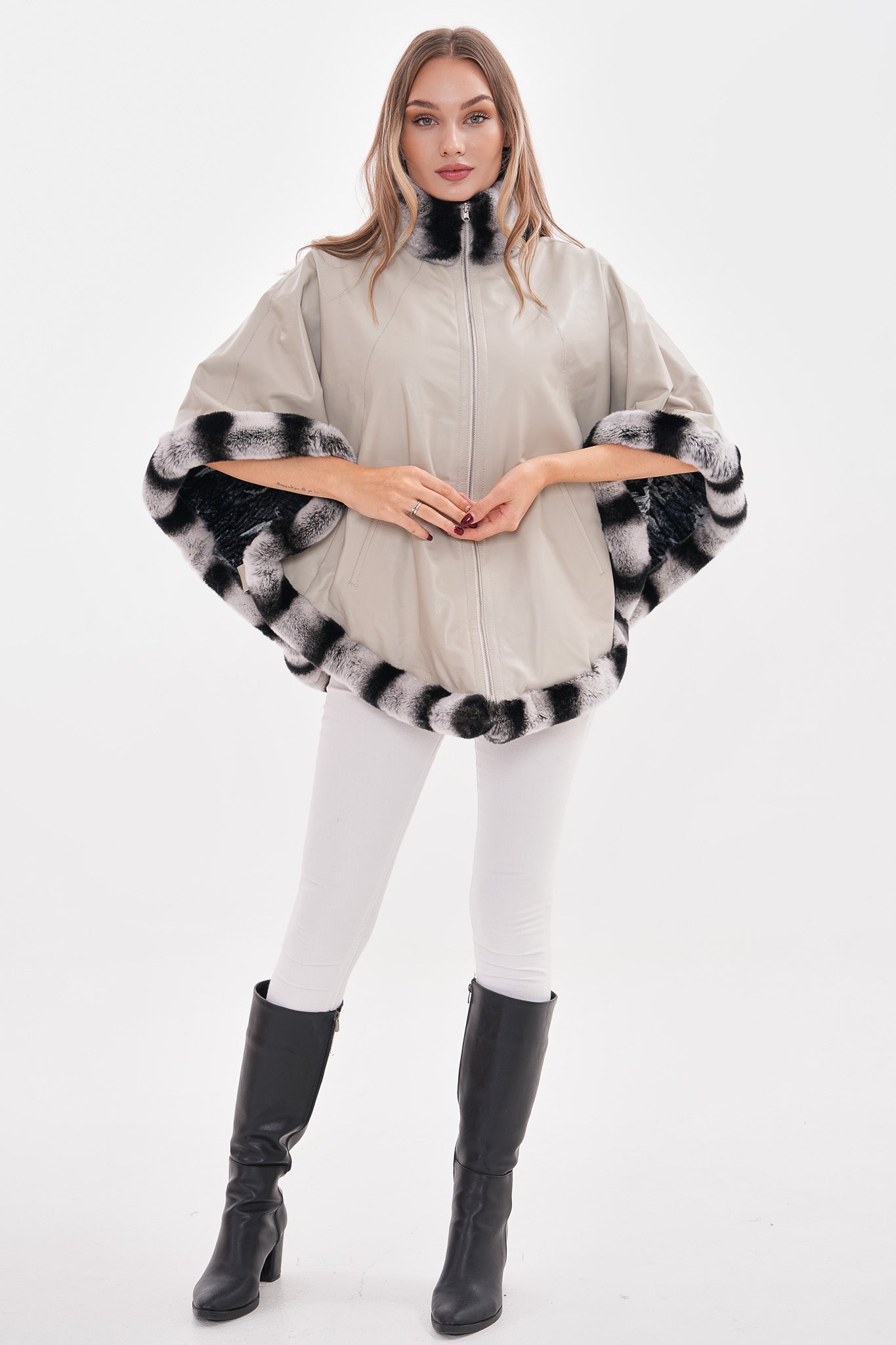 The Glacier Light Beige Reversible Leather Women Cape