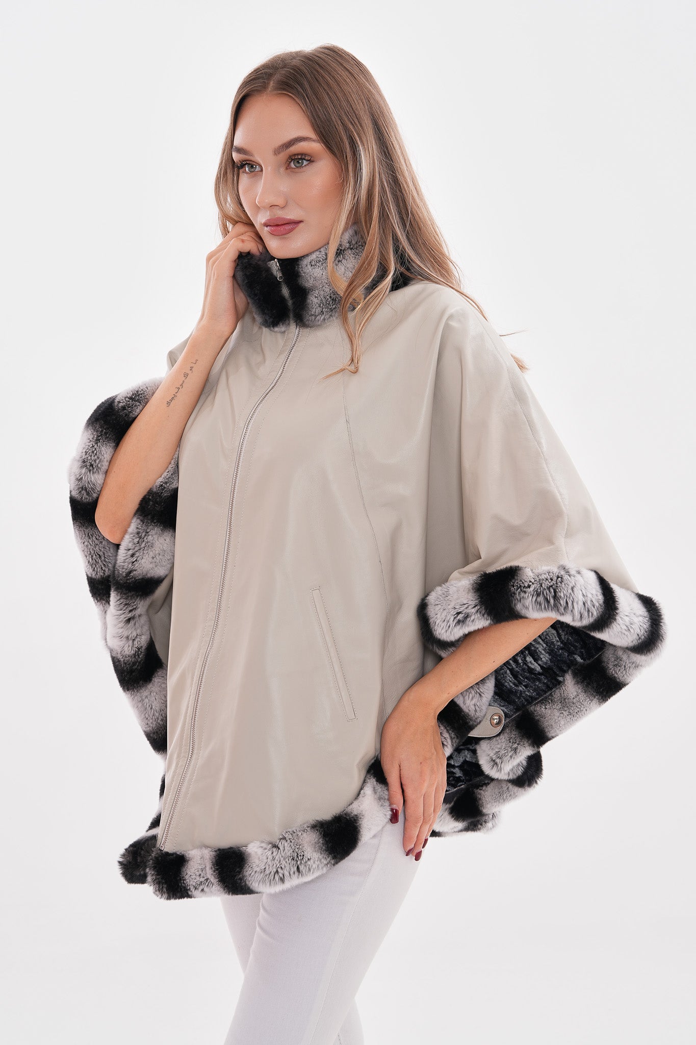 The Glacier Light Beige Reversible Leather Women Cape