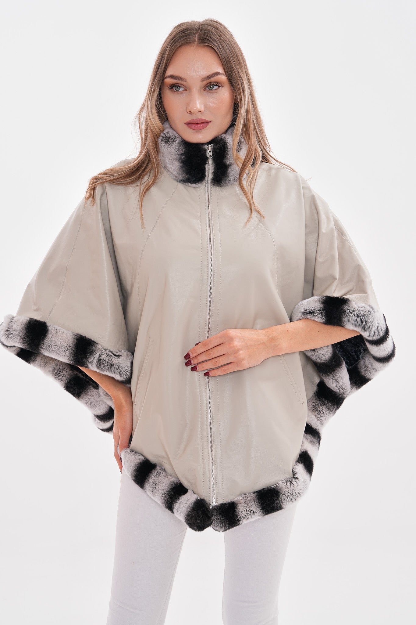 The Glacier Light Beige Reversible Leather Women Cape