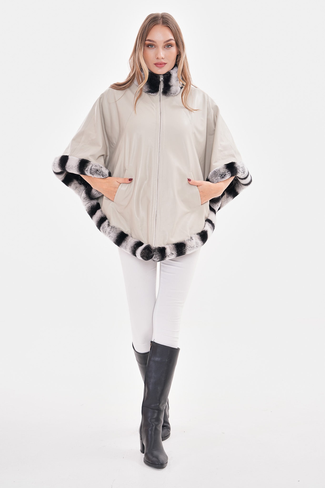 The Glacier Light Beige Reversible Leather Women Cape