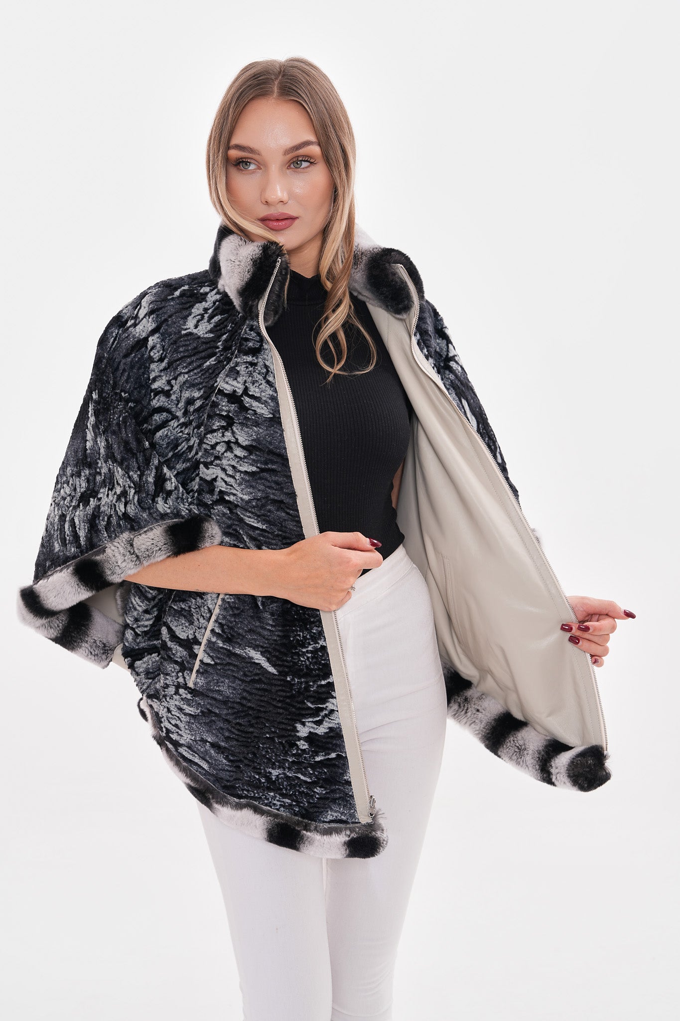 The Glacier Light Beige Reversible Leather Women Cape