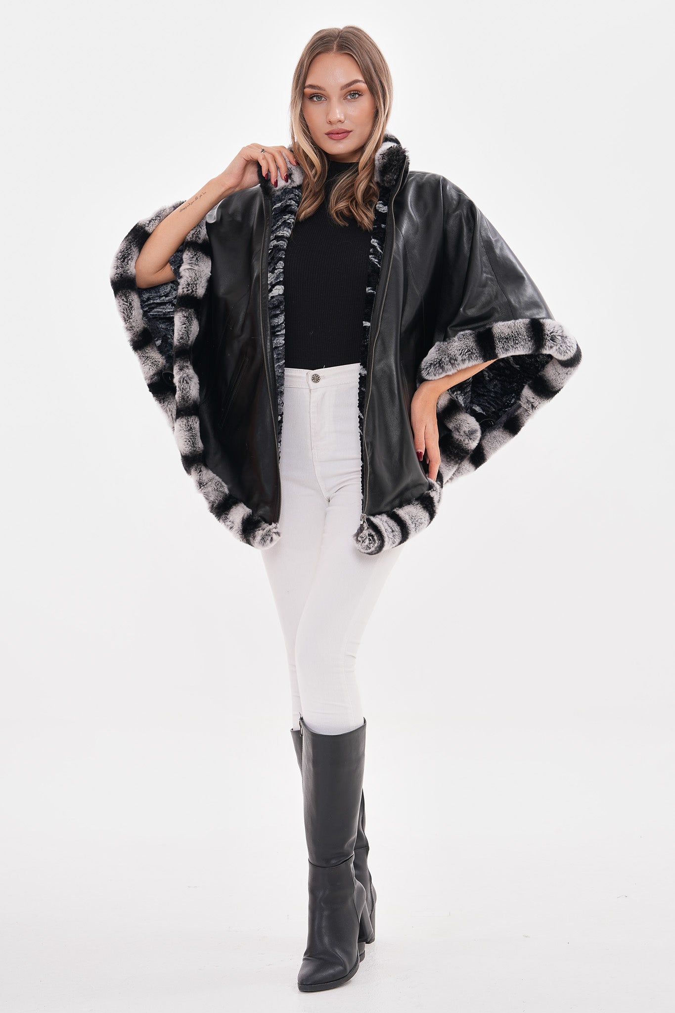 The Glacier Black Reversible Leather Women Cape