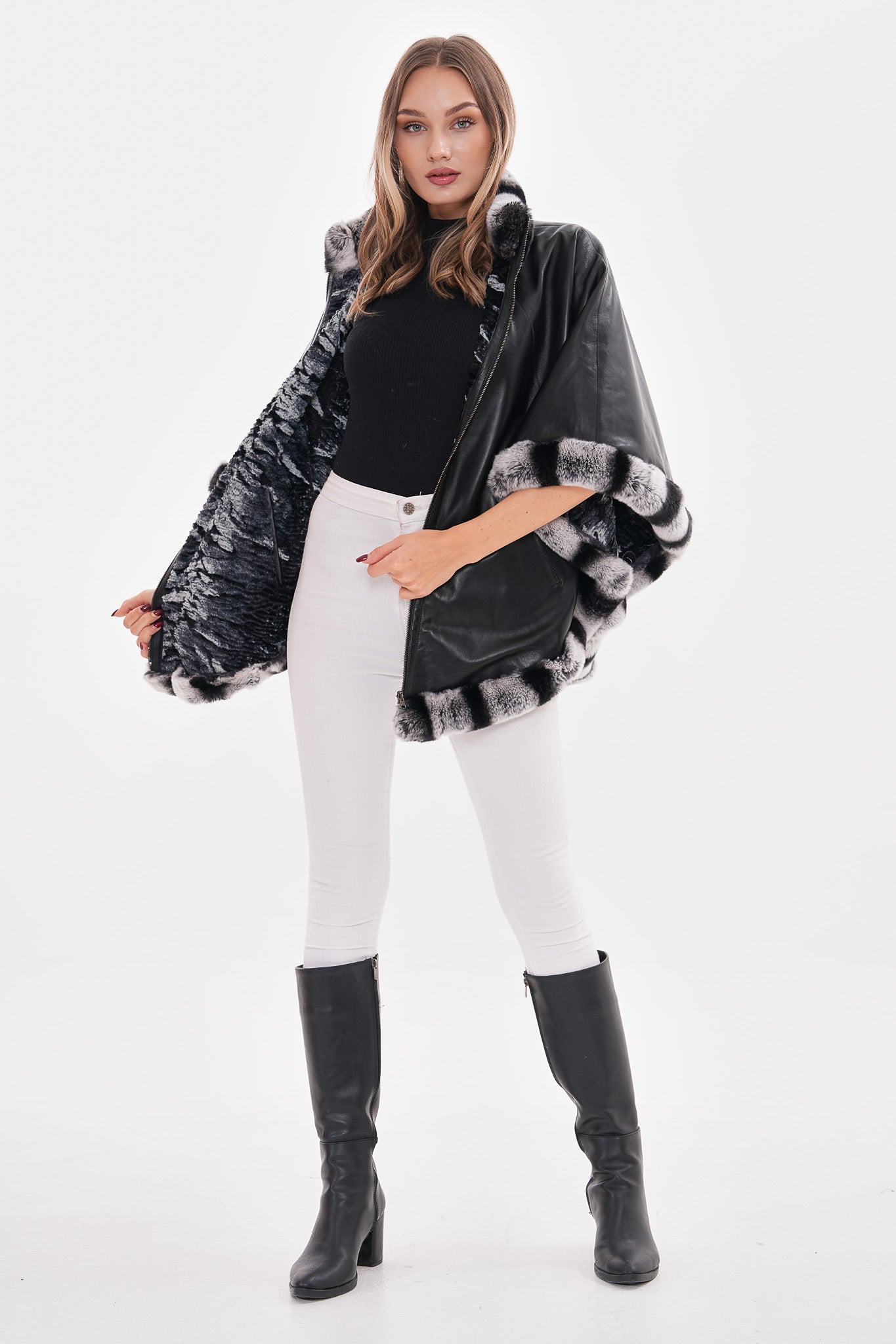 The Glacier Black Reversible Leather Women Cape