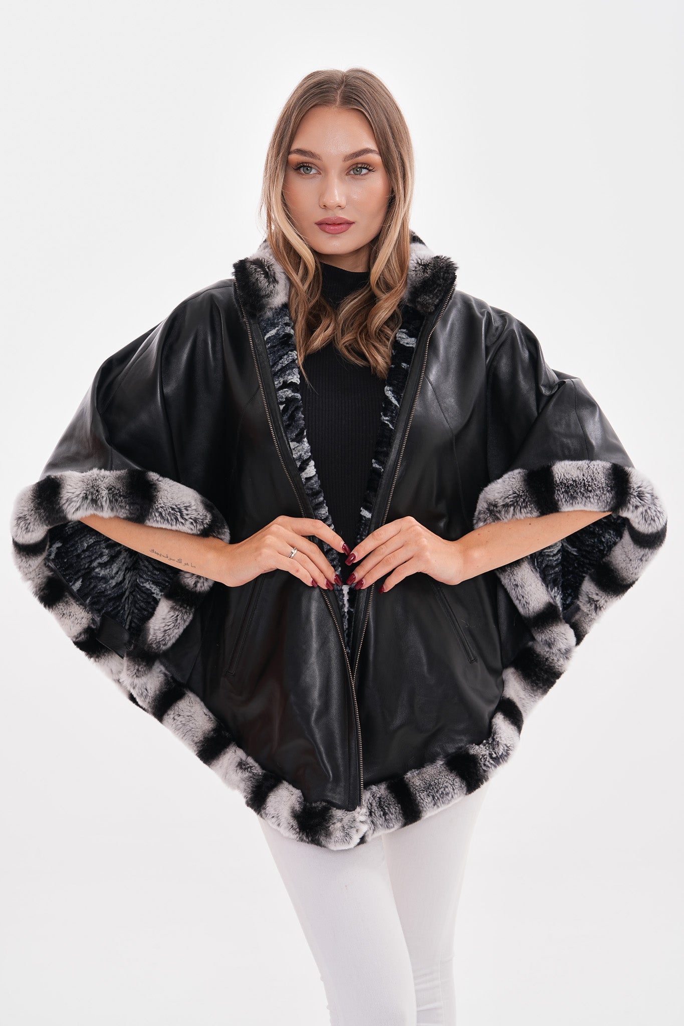 The Glacier Black Reversible Leather Women Cape