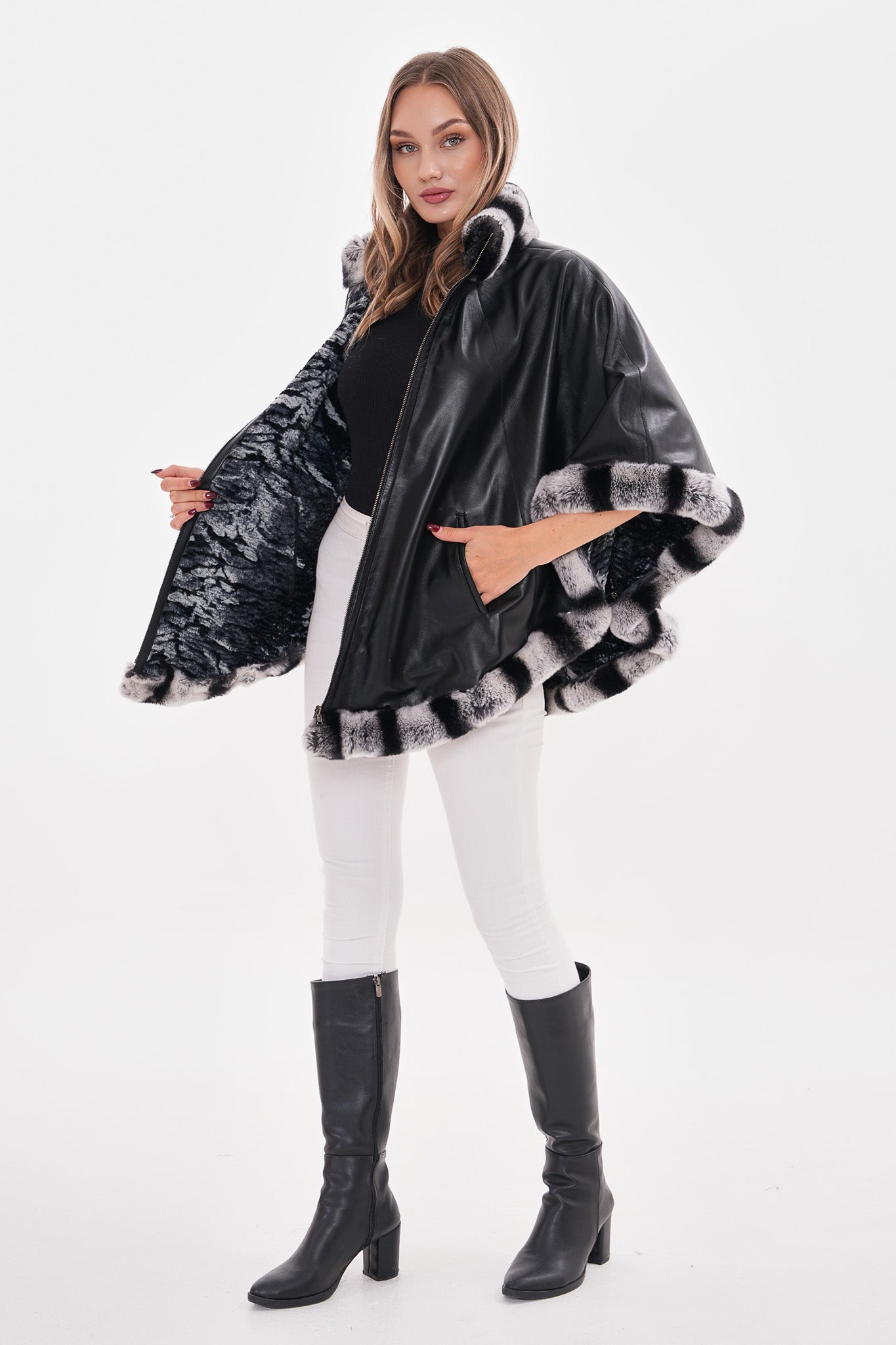 The Glacier Black Reversible Leather Women Cape