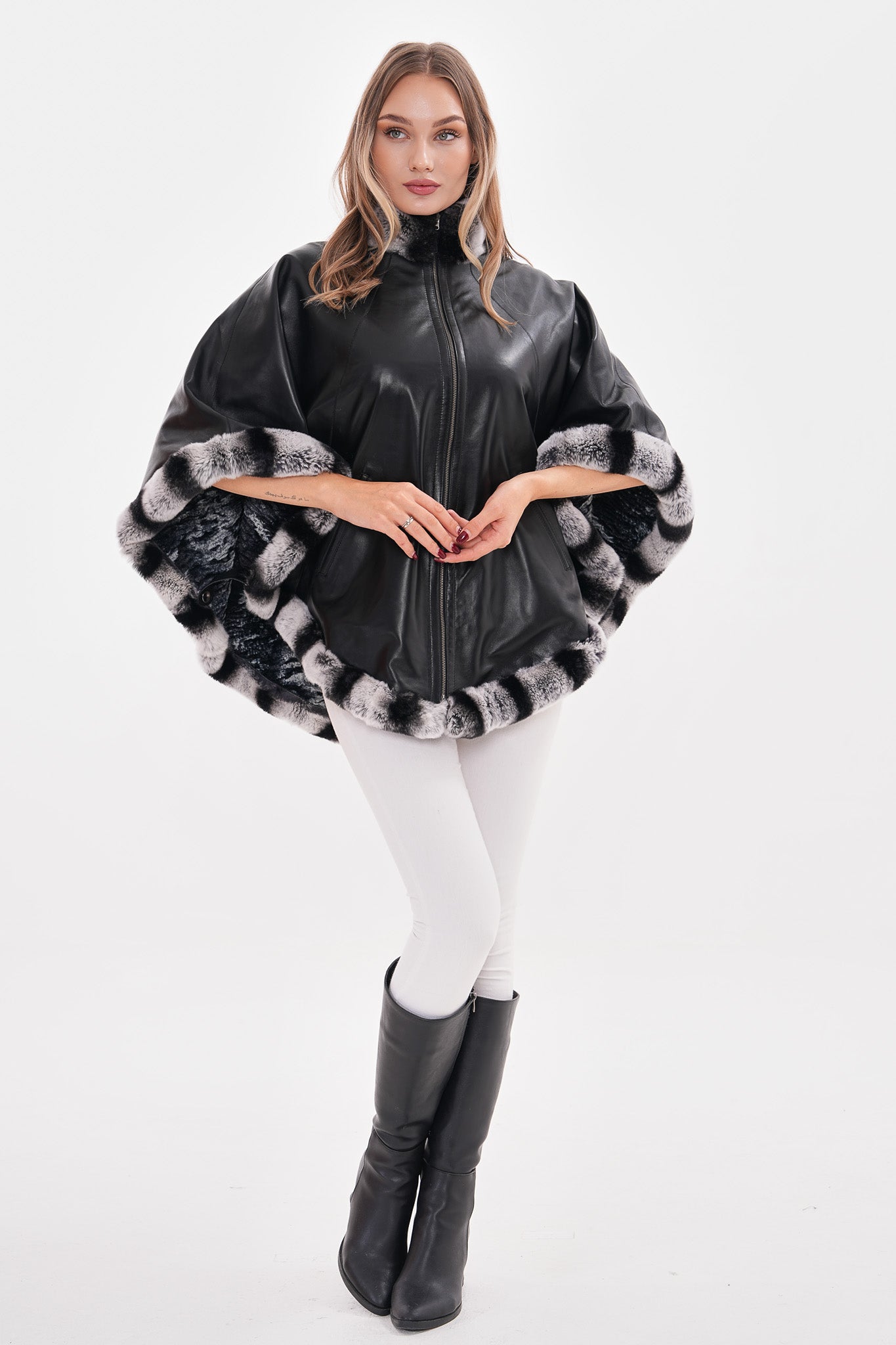 The Glacier Black Reversible Leather Women Cape