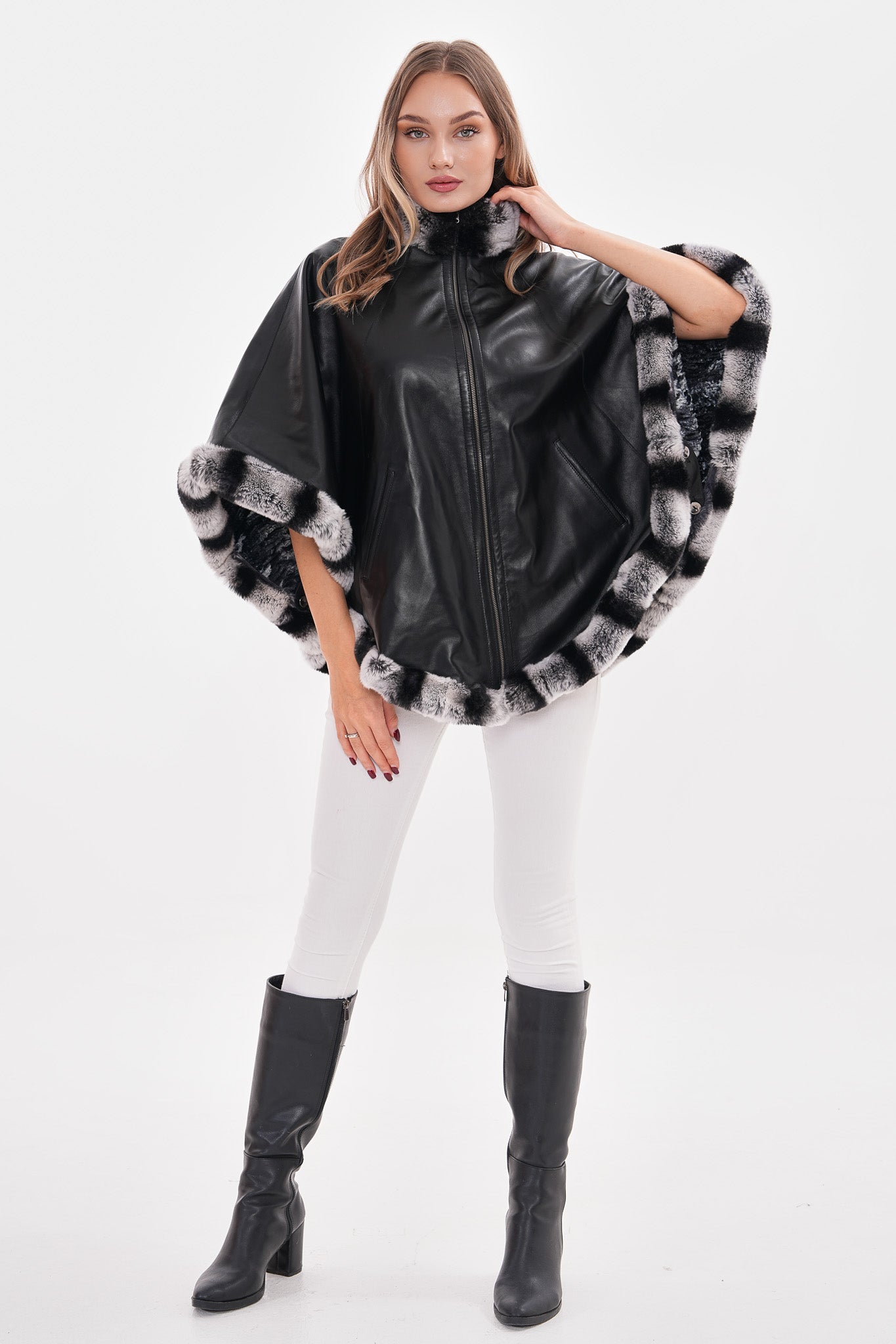 The Glacier Black Reversible Leather Women Cape