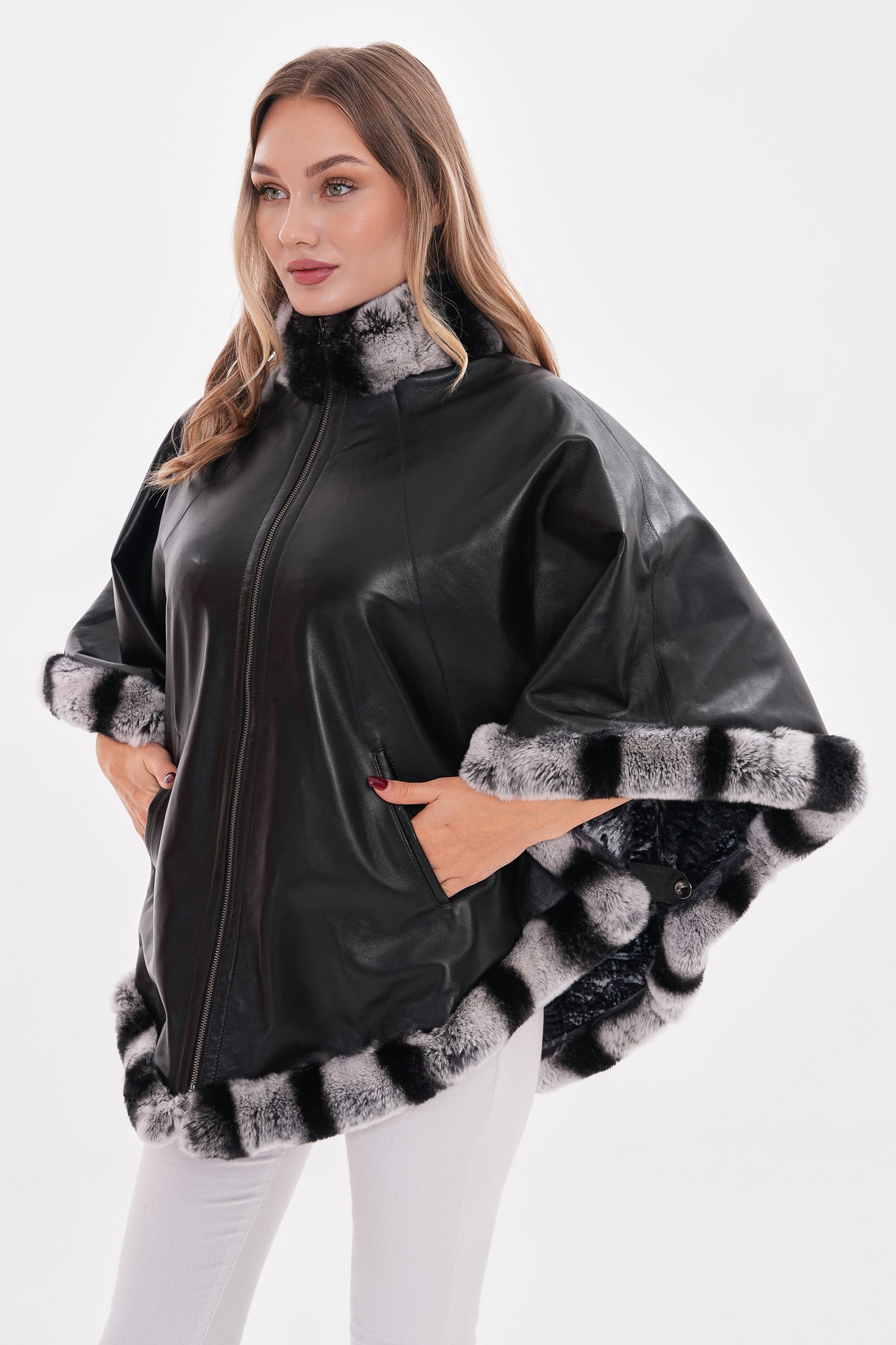 The Glacier Black Reversible Leather Women Cape