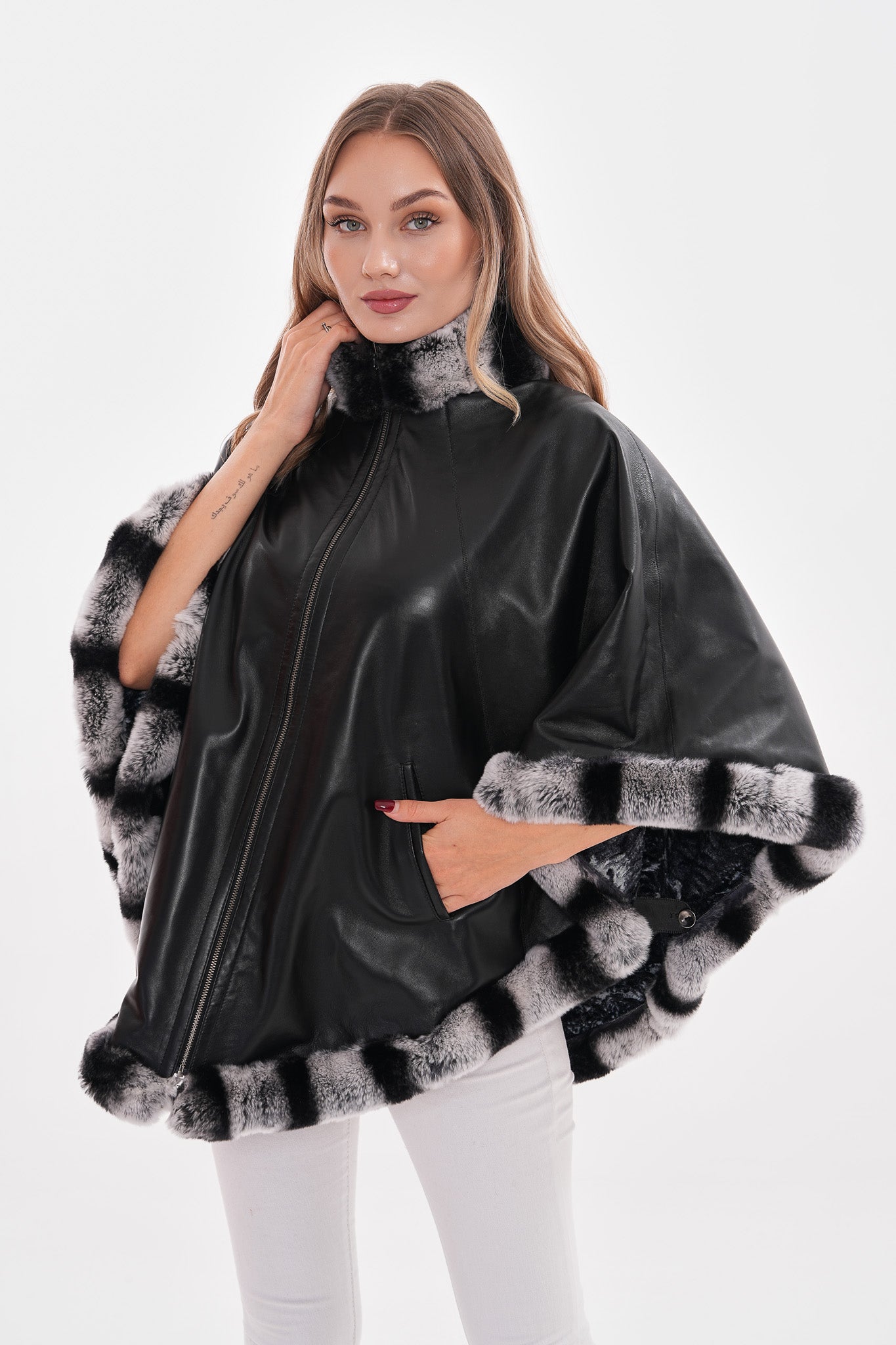The Glacier Black Reversible Leather Women Cape