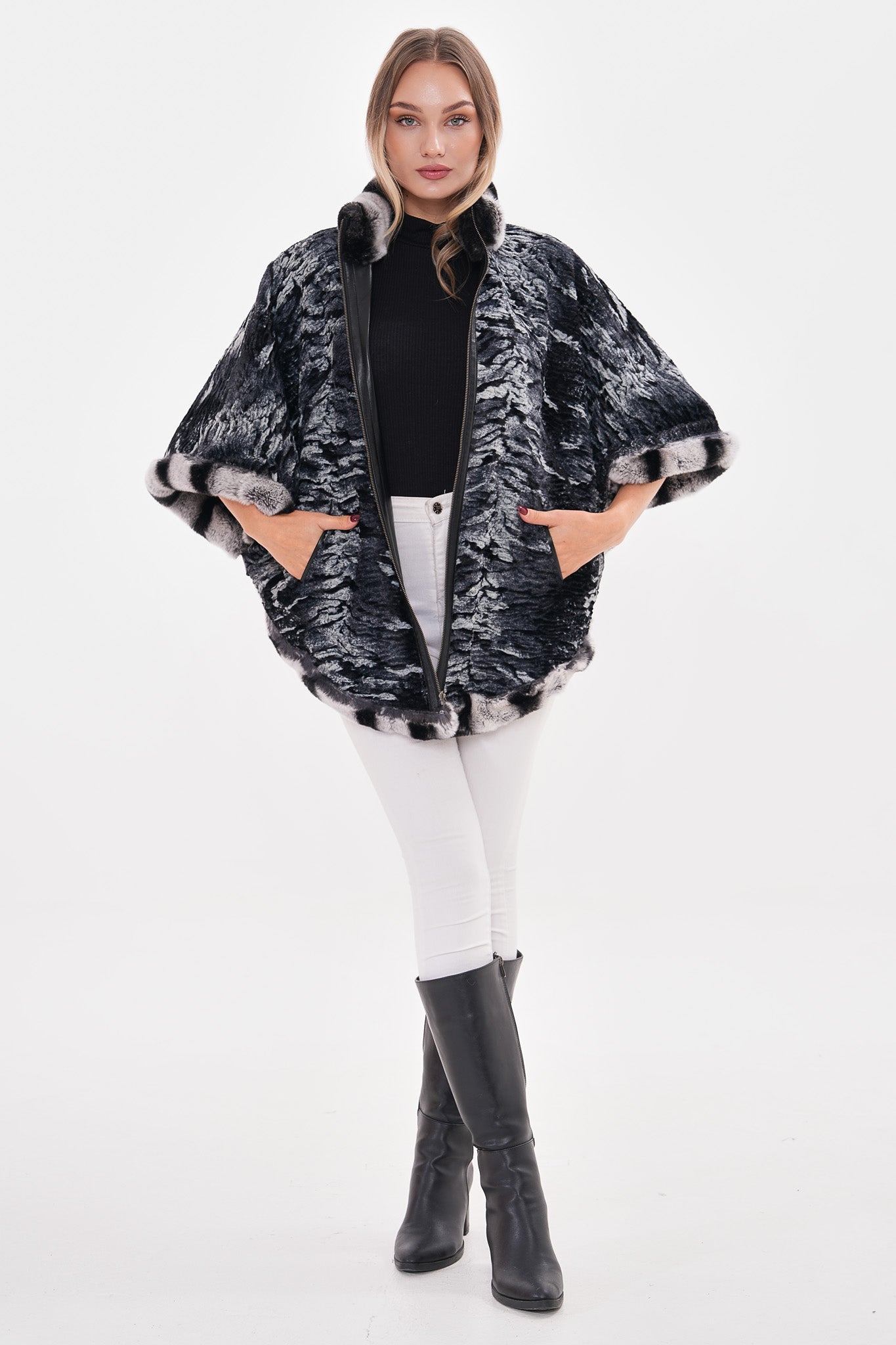 The Glacier Black Reversible Leather Women Cape
