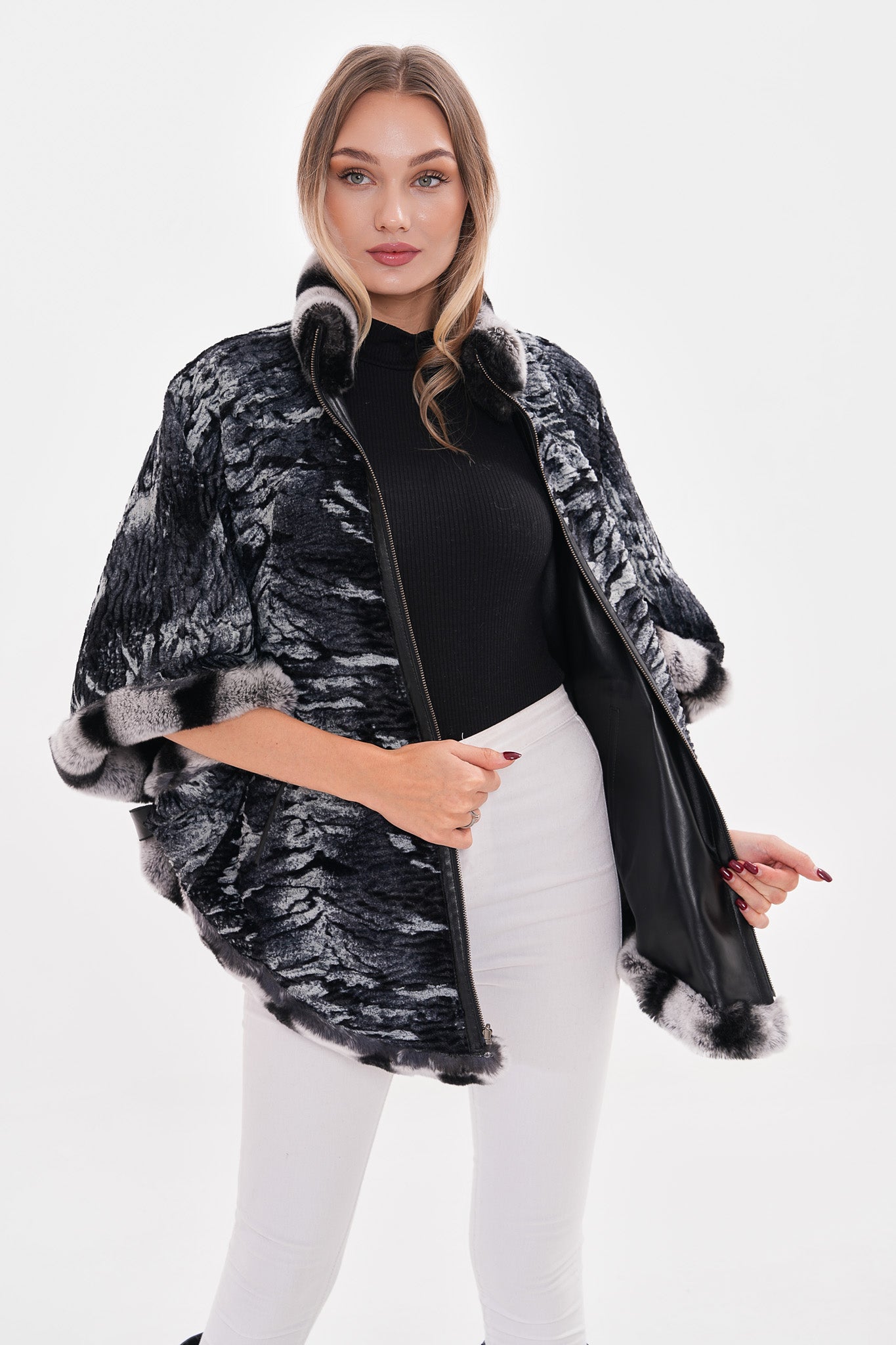 The Glacier Black Reversible Leather Women Cape
