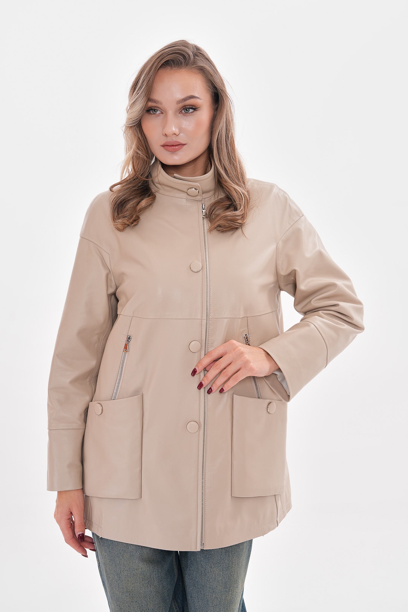 The Lioara Cream Leather Women Jacket