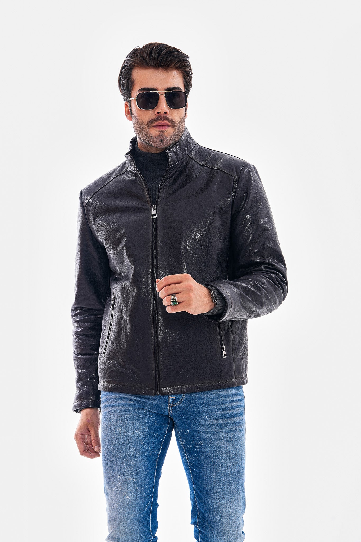 The Varden Navy Blue Leather Men Jacket